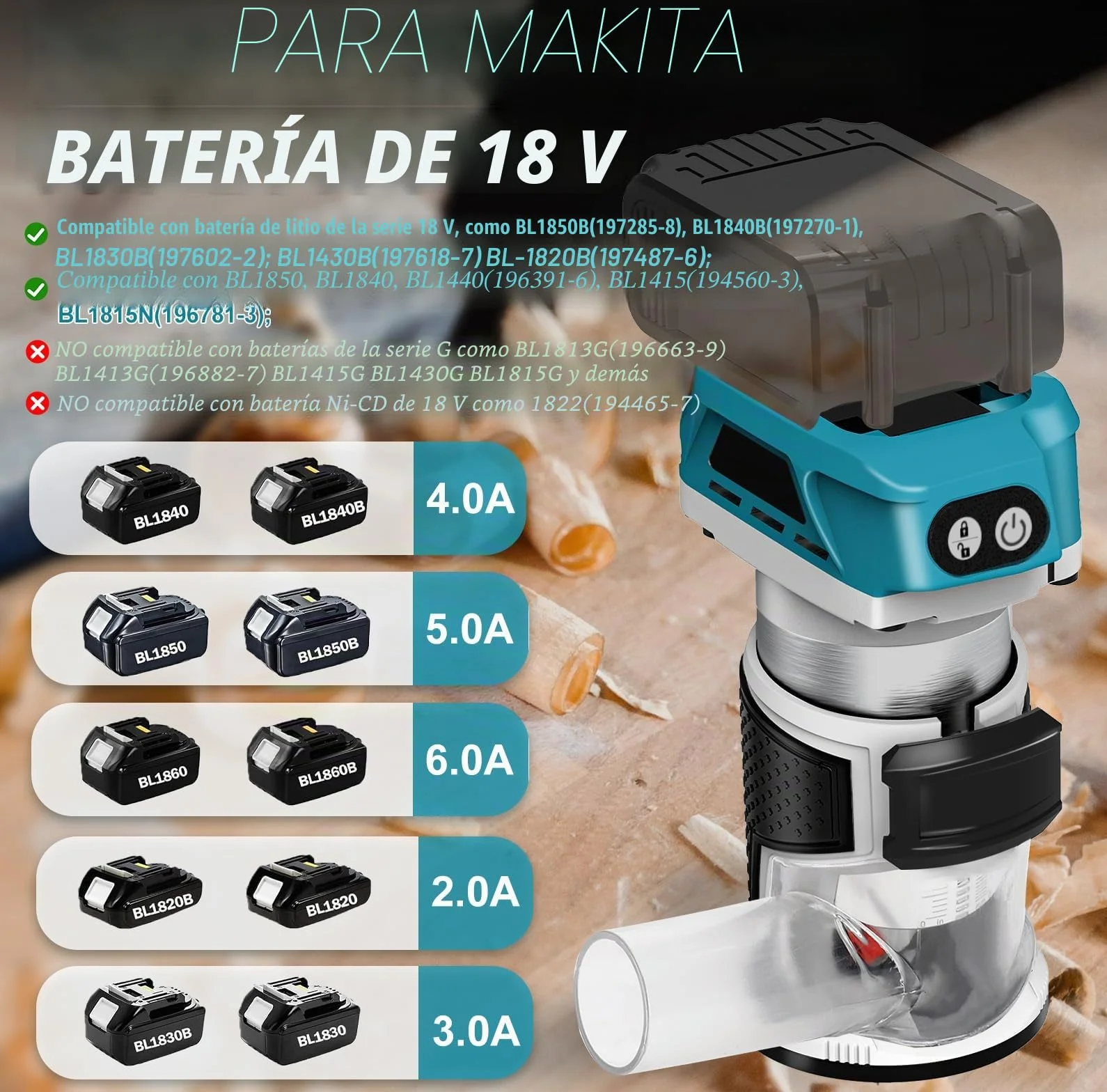 Router inalámbrico compatible con batería Makita 18 V (sin bateríe), recortadora de madera 800 W 6 velocidades, guía recta, rueda guía, 15 brocas fresado, conducto de polvo