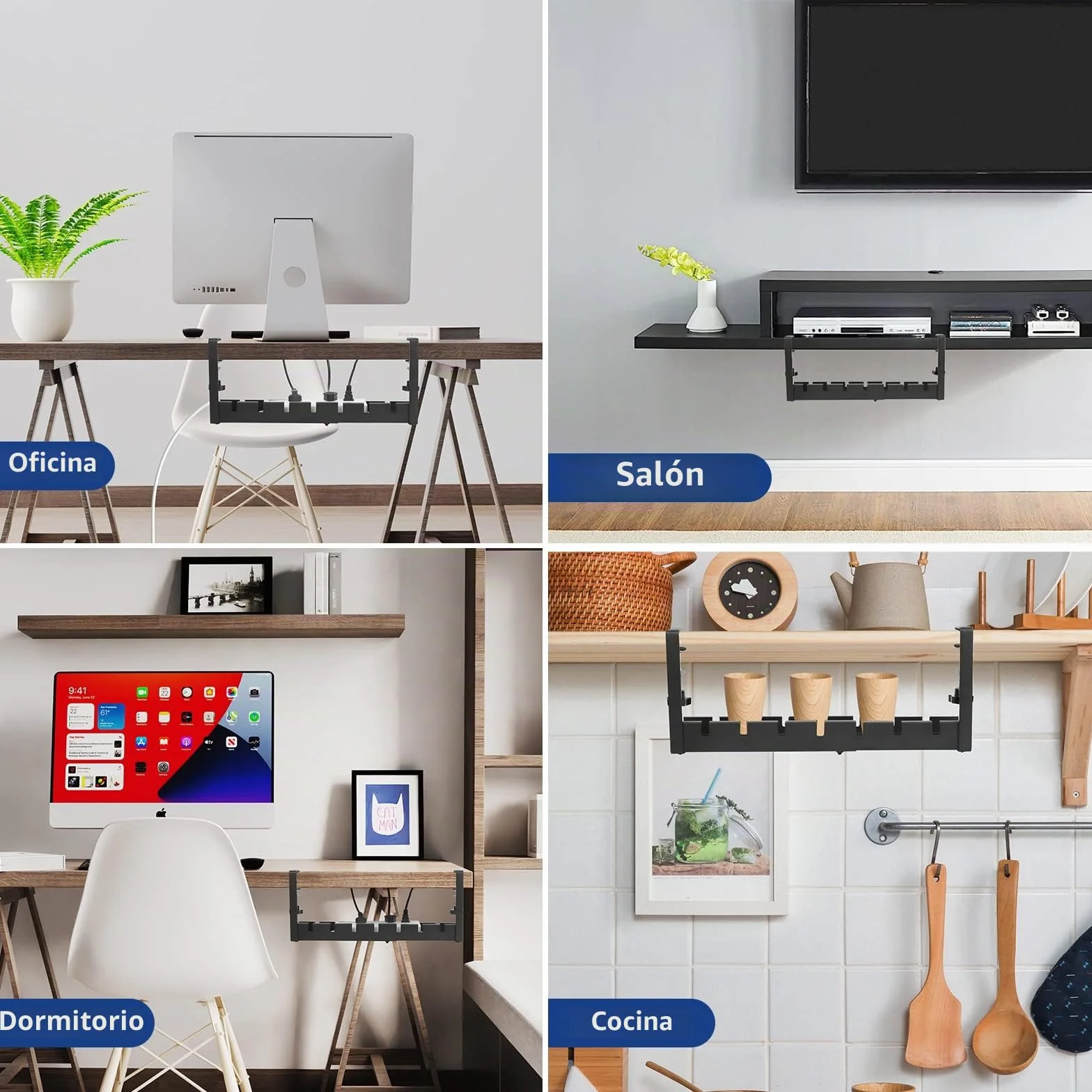 WADEO Estante de gestión de Cables Debajo del Escritorio 28-52 cm Organizador de Cables Extensible y Ajustable Sin taladrar Estante de gestión de Cables Juego de gestión de Cables con 148 Accesorios