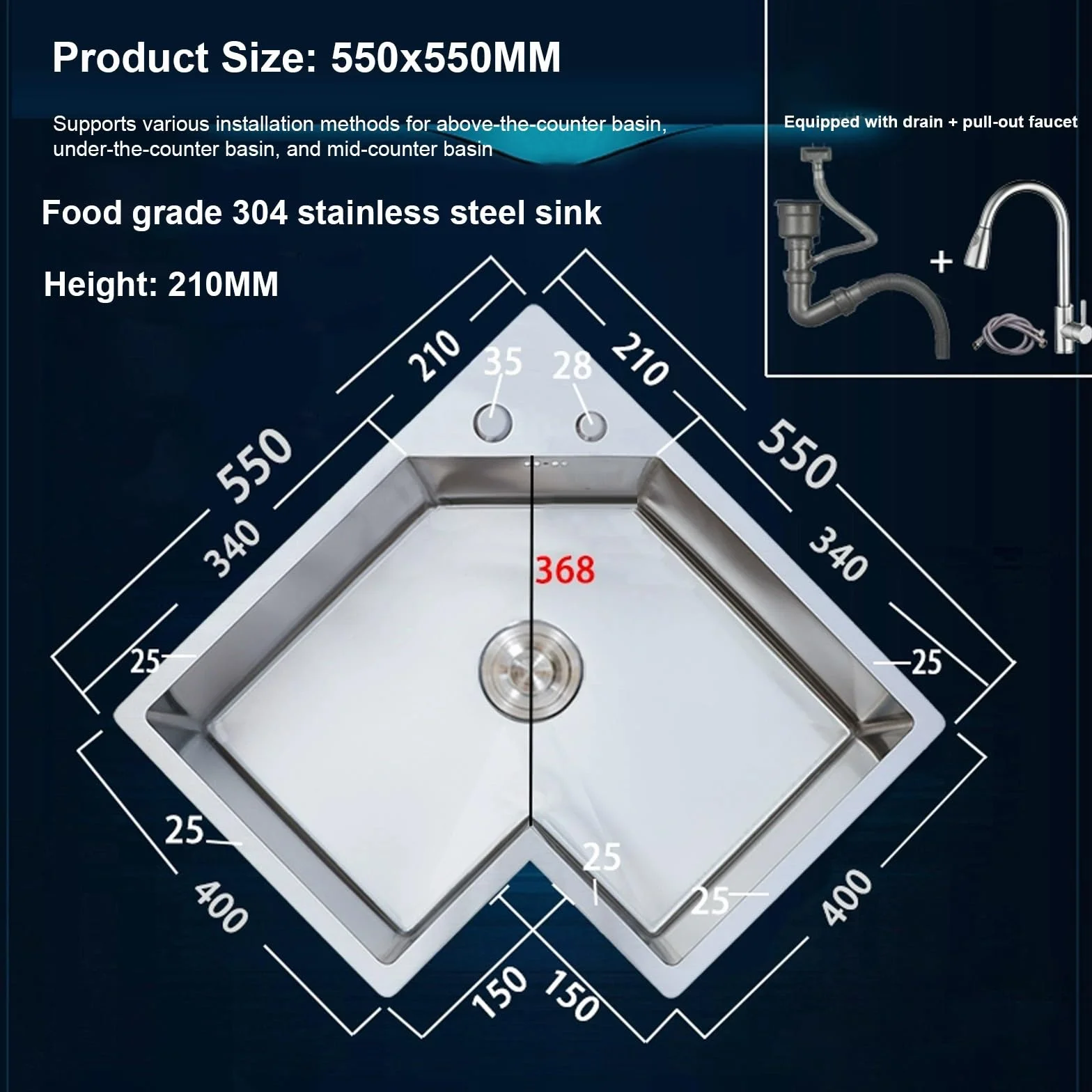 Fregadero de cocina en forma de L, multifuncional de acero inoxidable 304 de una sola cuenca con grifo giratorio de 360° para lavar platos y limpiar verduras