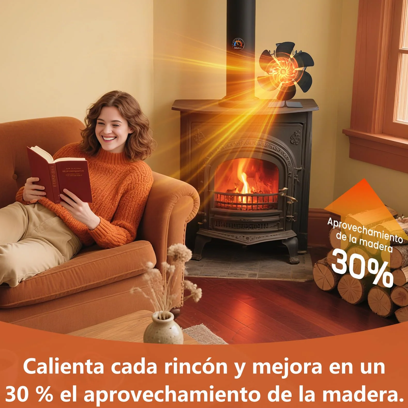 Ventilador Estufa Leña con Termómetro - 6 Cuchillas Ventilador Chimenea, Funcionamiento Silencioso, Ahorro de Energía, para Estufa de Leña o Pellets