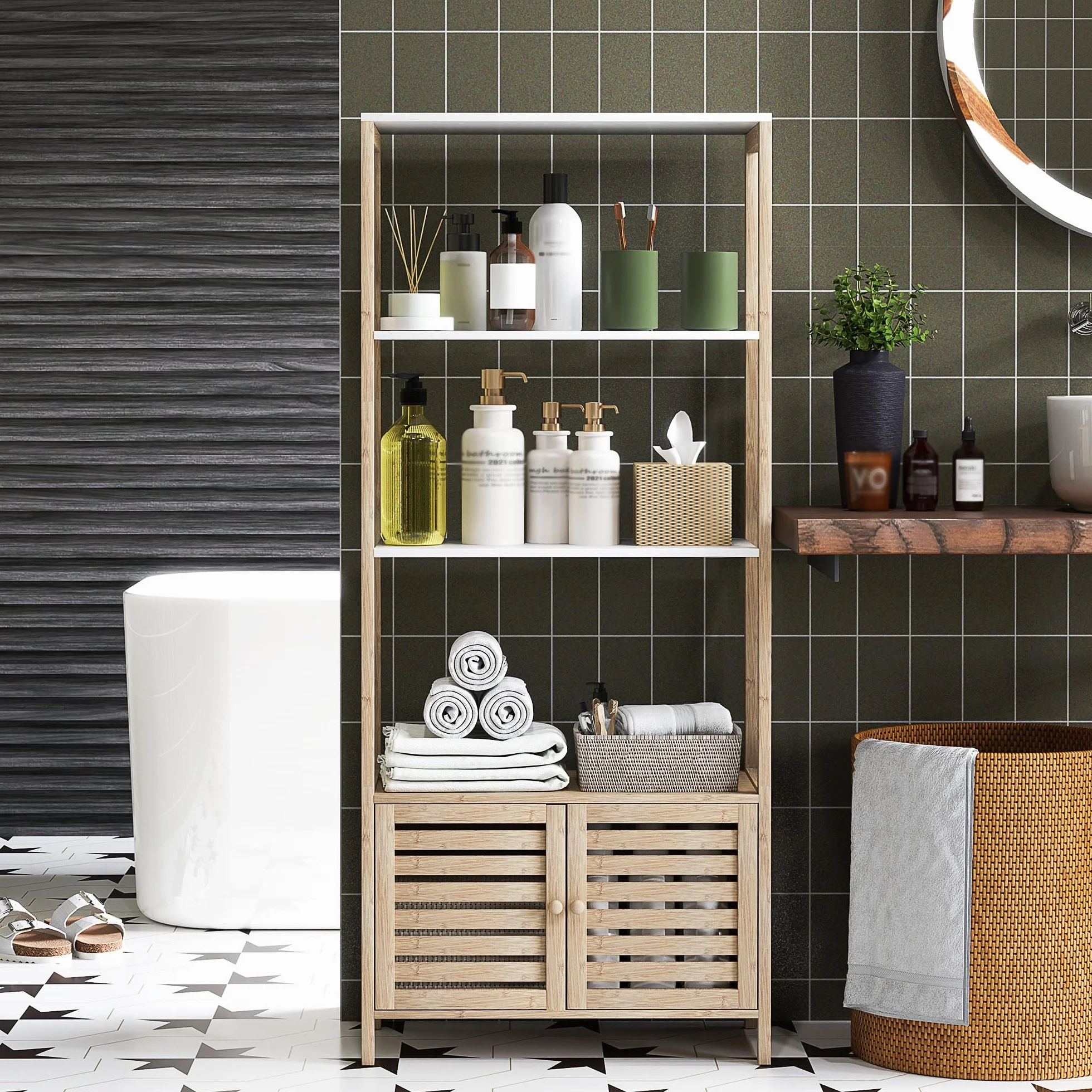 HOMCOM Estantería Baño Bambú 3 Estantes Abiertos Almacenaje Puertas Lamas 63x30x138 cm Natural Blanco