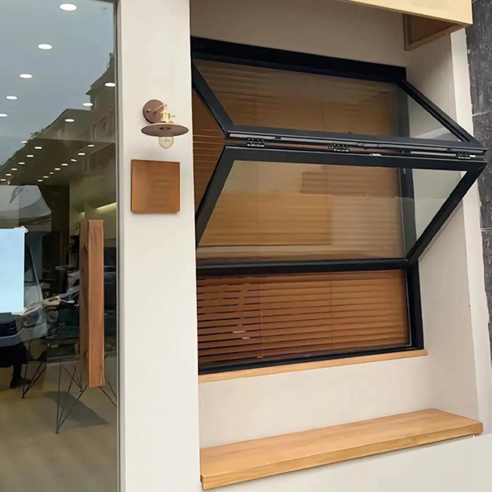 Ventana de Guillotina Empotrada Ventana de Concesión con Marco de Aluminio Ventana Abatible hacia Arriba para Cafetería con Manija de Bloqueo(100x120cm)