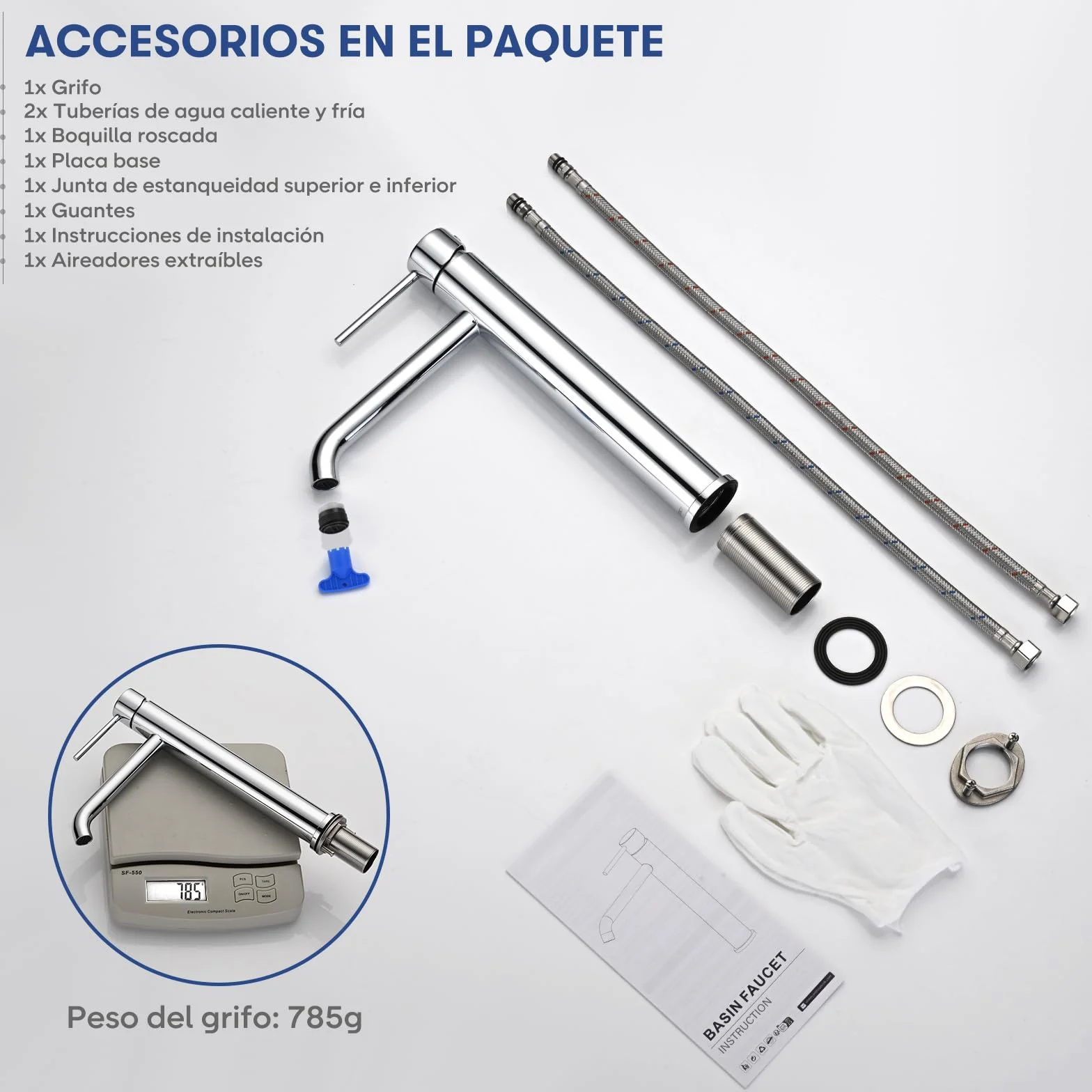 Grifo Lavabo Alto, BuntHaus Grifo Monomando Lavabo Agua Fría y Caliente, Grifos para Lavabo de Encimera, Grifos Mezclador de Baño de Acero Inoxidable 304, Aireador Extraíble, Sin Plomo, Cromado
