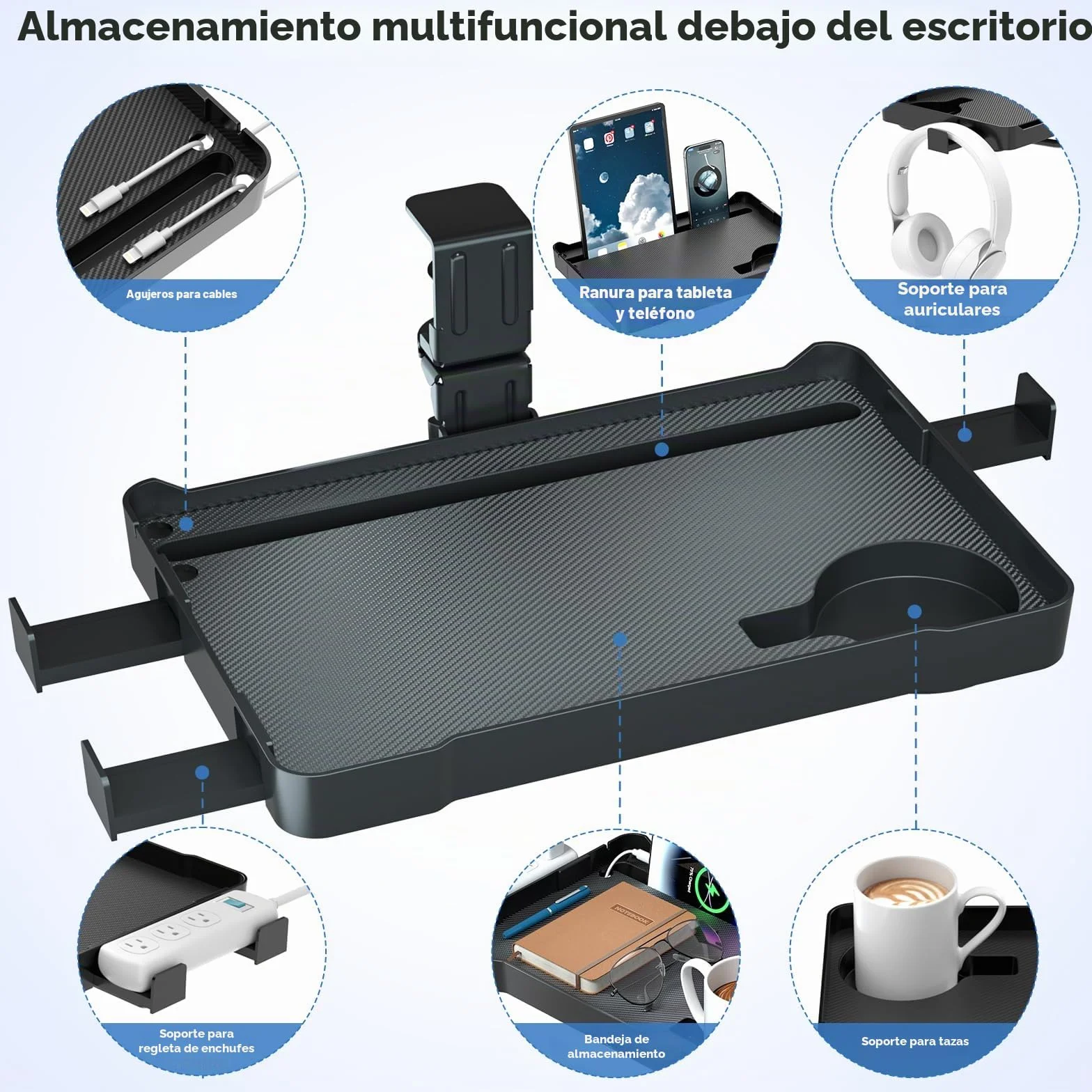KDD Organizador Cajones Bajo Escritorio Oculto, Cajonera Giratoria 360° con Soporte Cascos Gaming y Portavasos