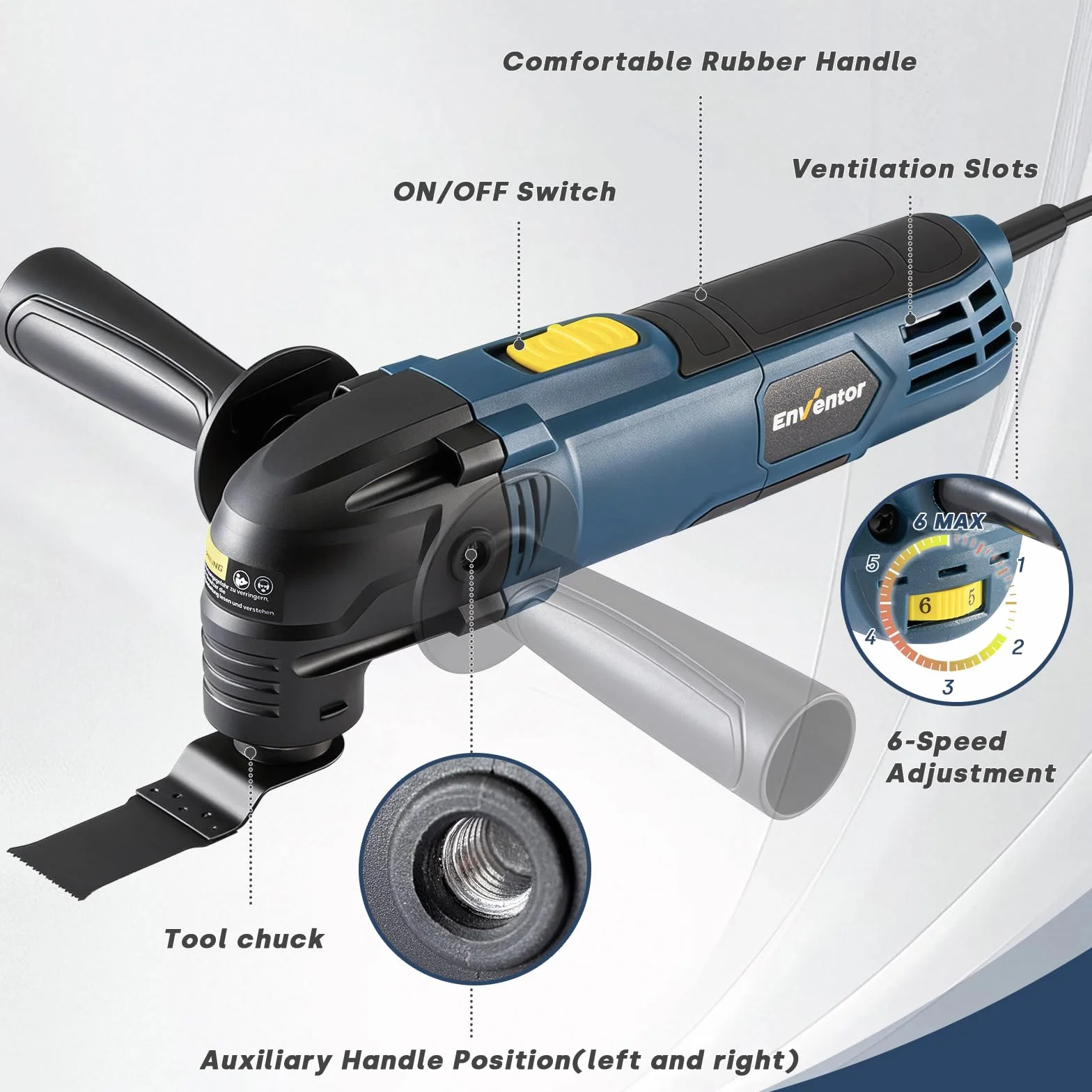 Enventor Multiherramienta Oscilante, 300W, 15000-22000 OPM, eléctrica con cable, 6 velocidades variables, ángulo de oscilación de 3°, mango auxiliar, con 17 accesorios para cortar, lijar y raspar