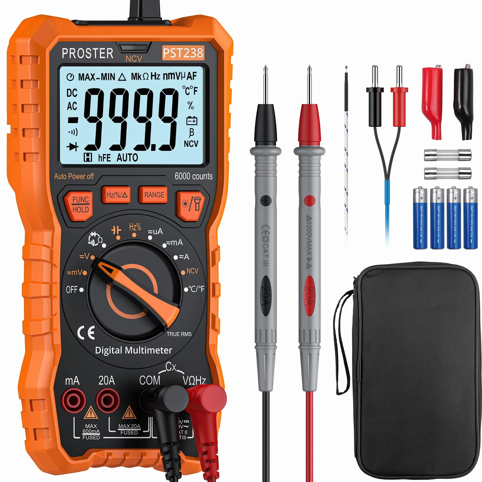 Proster Multímetro Digital 6000 Cuentas NCV TRMS Polímetro Profesional Rango Automático con Pinzas Cocodrilo para Prueba de Voltaje Corriente DC/AC Resistencia Capacitancia Continuidad Temperatura