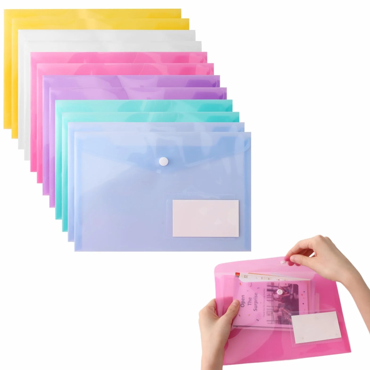 Pack 12 Sobres Archivador A5 Color con Botón Carpetas Plastico Transparente Bolsa Archivadoras Portafolios Fundas Plásticas Organización de Impermeable Folders para Oficina Escolar (24 x 17 cm)