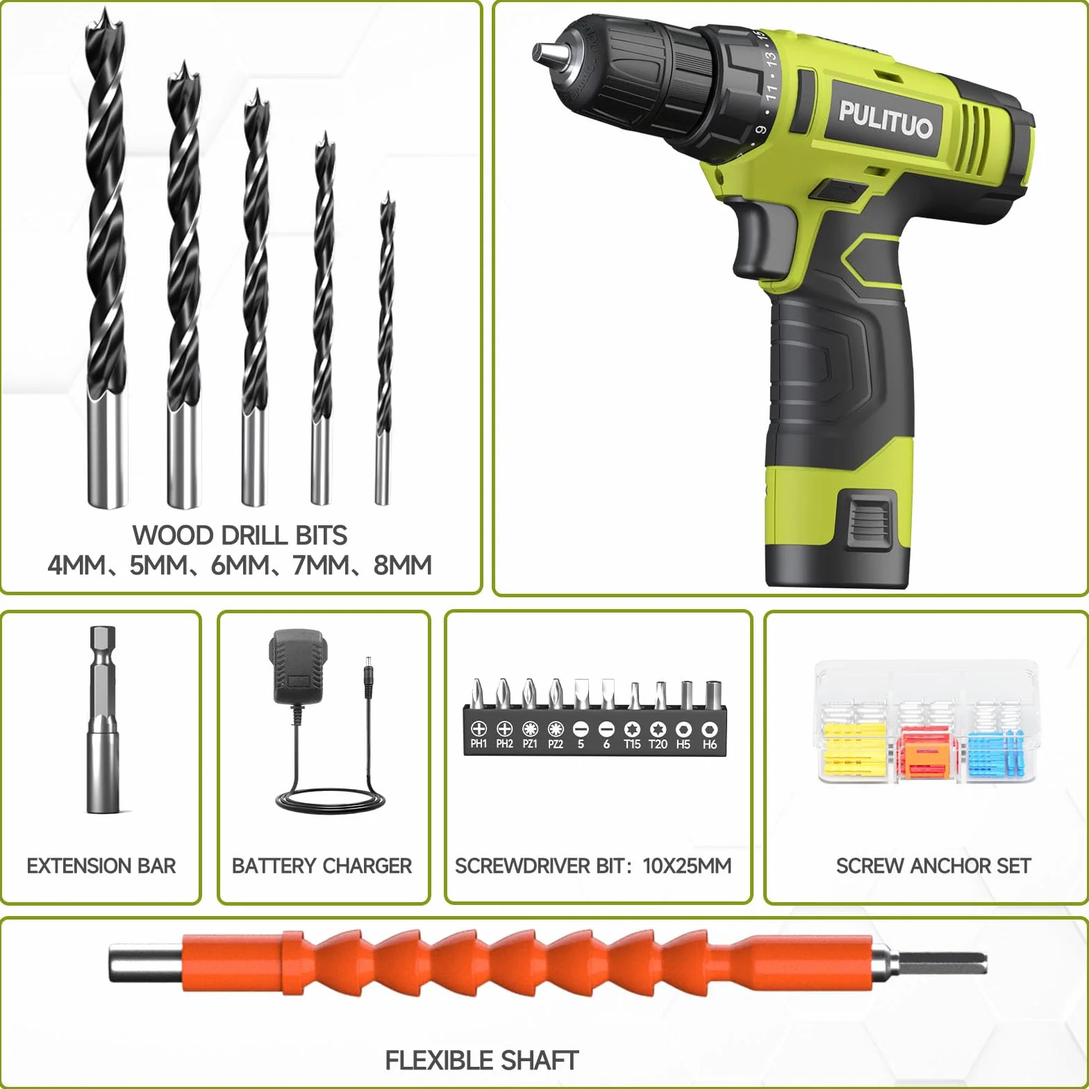 PULITUO 12V taladro inalámbrico, juegos de brocas de perforación de gran alcance con la batería de Li-Ion, 21 + 1 Ajuste de par, 3/8 "pulgadas portabrocas sin llave, taladro eléctrico.