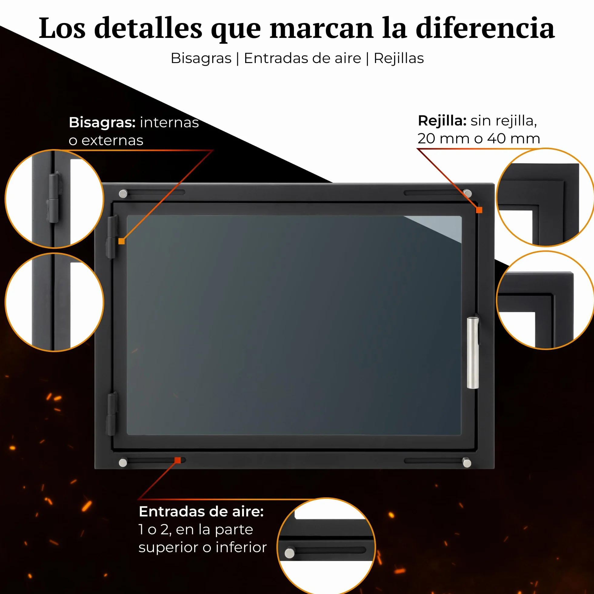 X6 | Puerta de Chimenea a Medida | Puerta para Chimenea, Estufa, Barbacoa y ahumador | Cristal vitrocerámico | Puerta de Acero con Marco | Versión Premium con Accesorios INOX