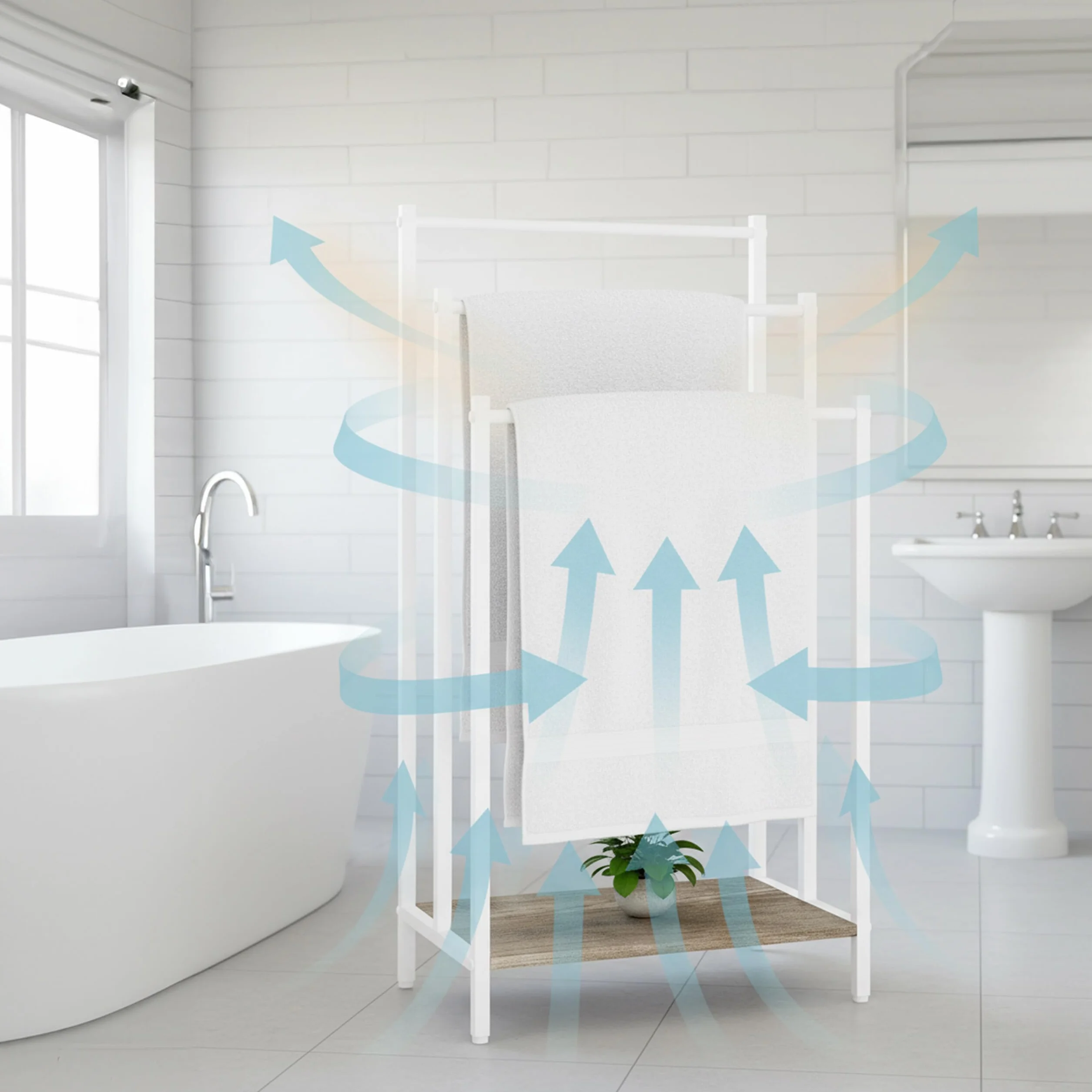 Relaxdays toallero de pie con repisa, Efecto Madera, 3 Barras, 81x43x28 cm, Natural/Blanco
