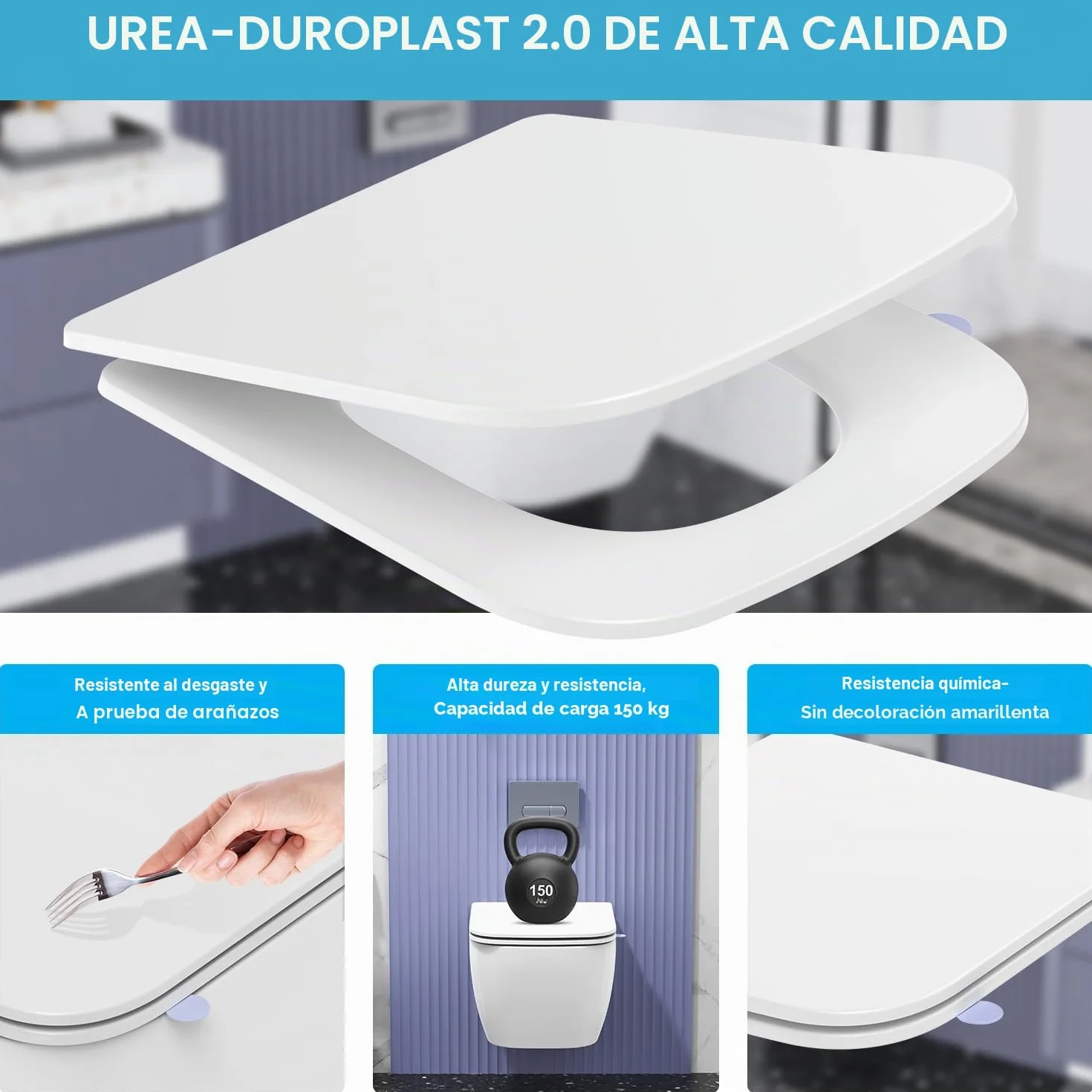 Asiento de WC Cuadrado Softclose Blanco(CORTO), Tapa de WC Duroplast Antirayaduras, Asiento Desmontable Quick Release, Fácil de Limpiar, Incluye plantilla de Instalación, 42,3 x 36,1 cm