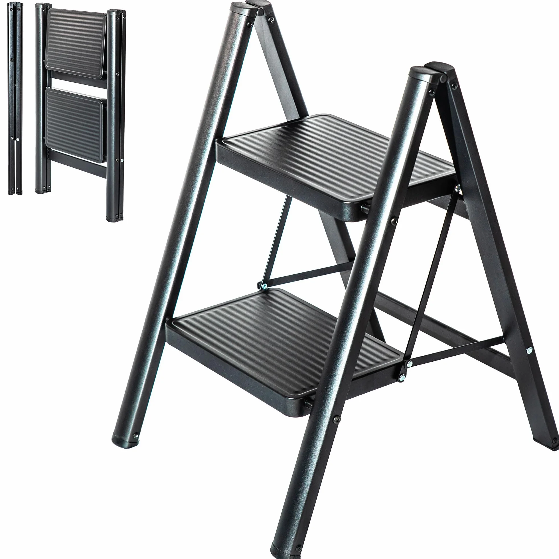 HOSTRÖM Escalera 2 peldaños FOLDPACT2, Taburete Plegable, Diseño ultracompacto, Peldaños Anchos 17,5 cm, Acero, Estante Temporal, Garantía 5 años.
