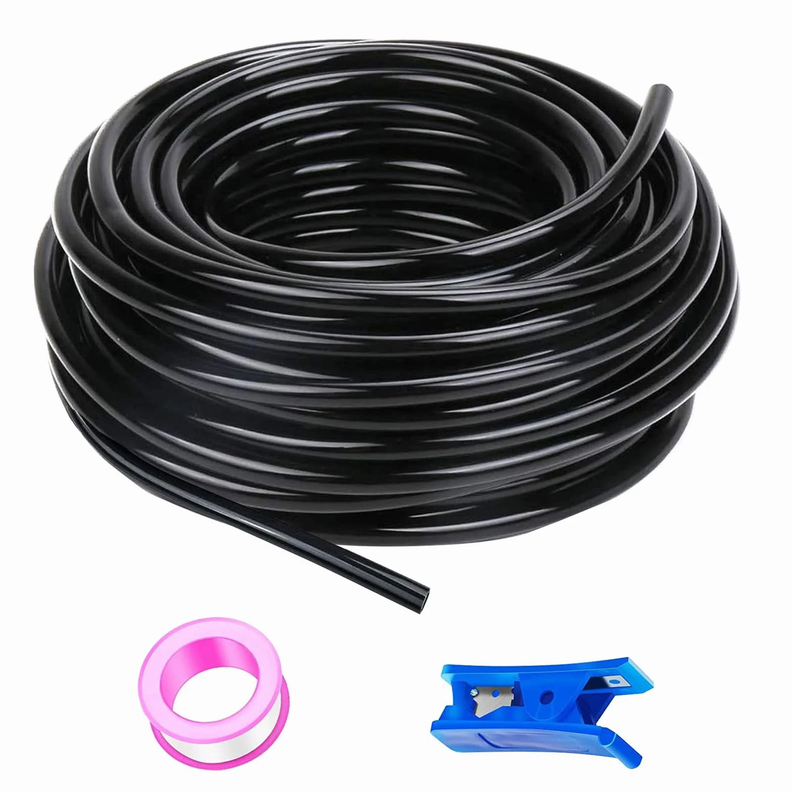 HUAZIZ Manguera neumática de poliuretano de 50 m, color negro, flexible, 8 mm x interior de 5 mm + 1 cortador de manguera azul + 1 cinta de teflón rosa