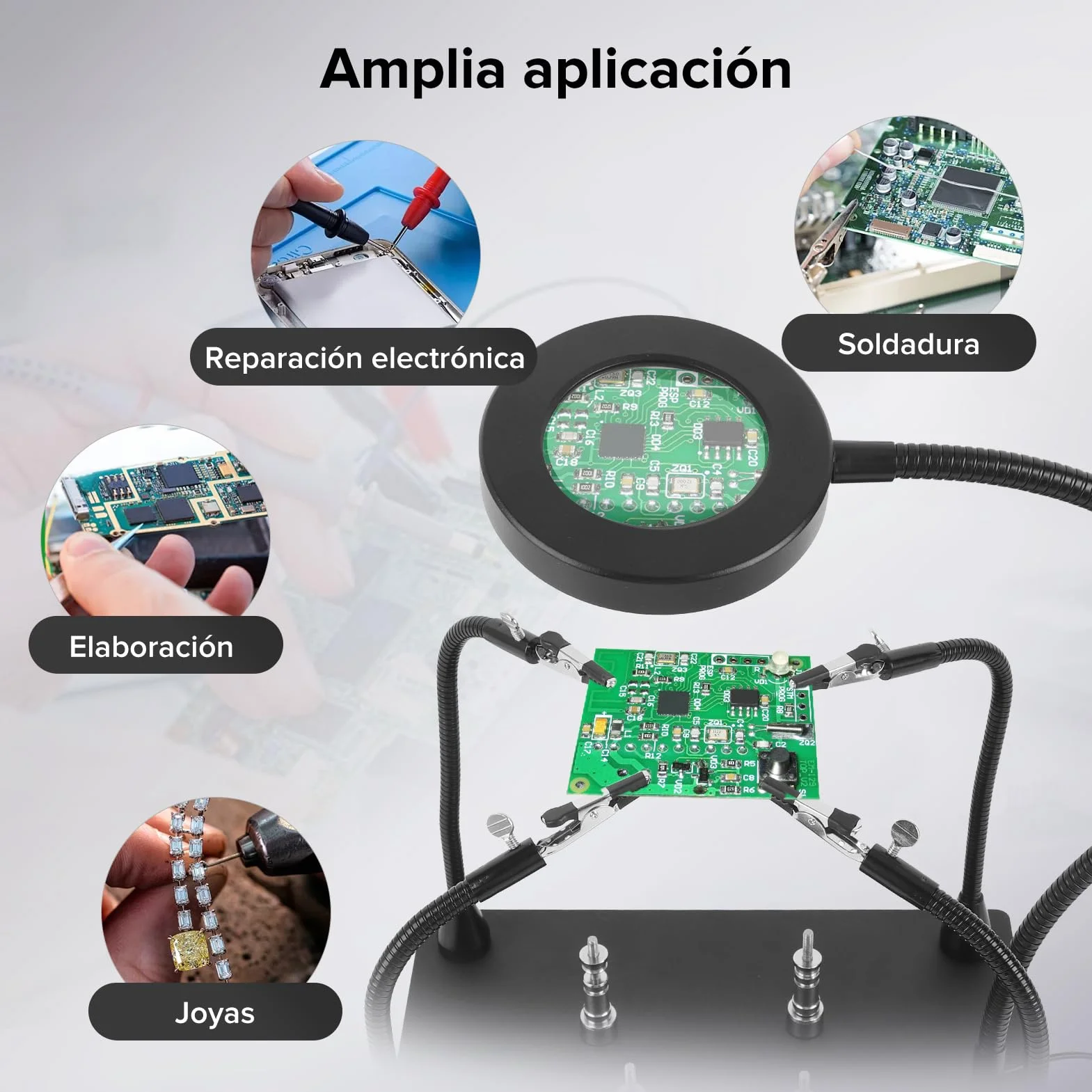 Estación de Soldadura de Lupas de Lupa 6x HD con Soporte Magnético, Reparación de la Placa de Circuito de Soporte para Productos Electrónicos, Modelos y Tareas de Soldadura, Luz
