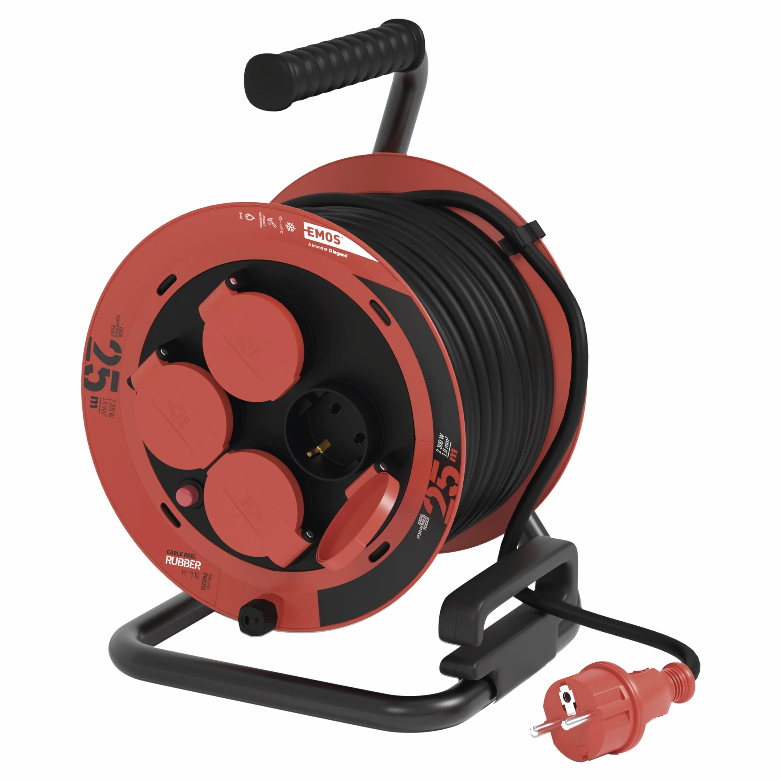 EMOS - Carrete de cable de 25 m - 4 enchufes Schuko con protección de contacto aumentada - Resistente al agua y al frío - Resistente a golpes - 230 V, 10 A, 2300 W - Aislamiento de goma - H05RR-F3G