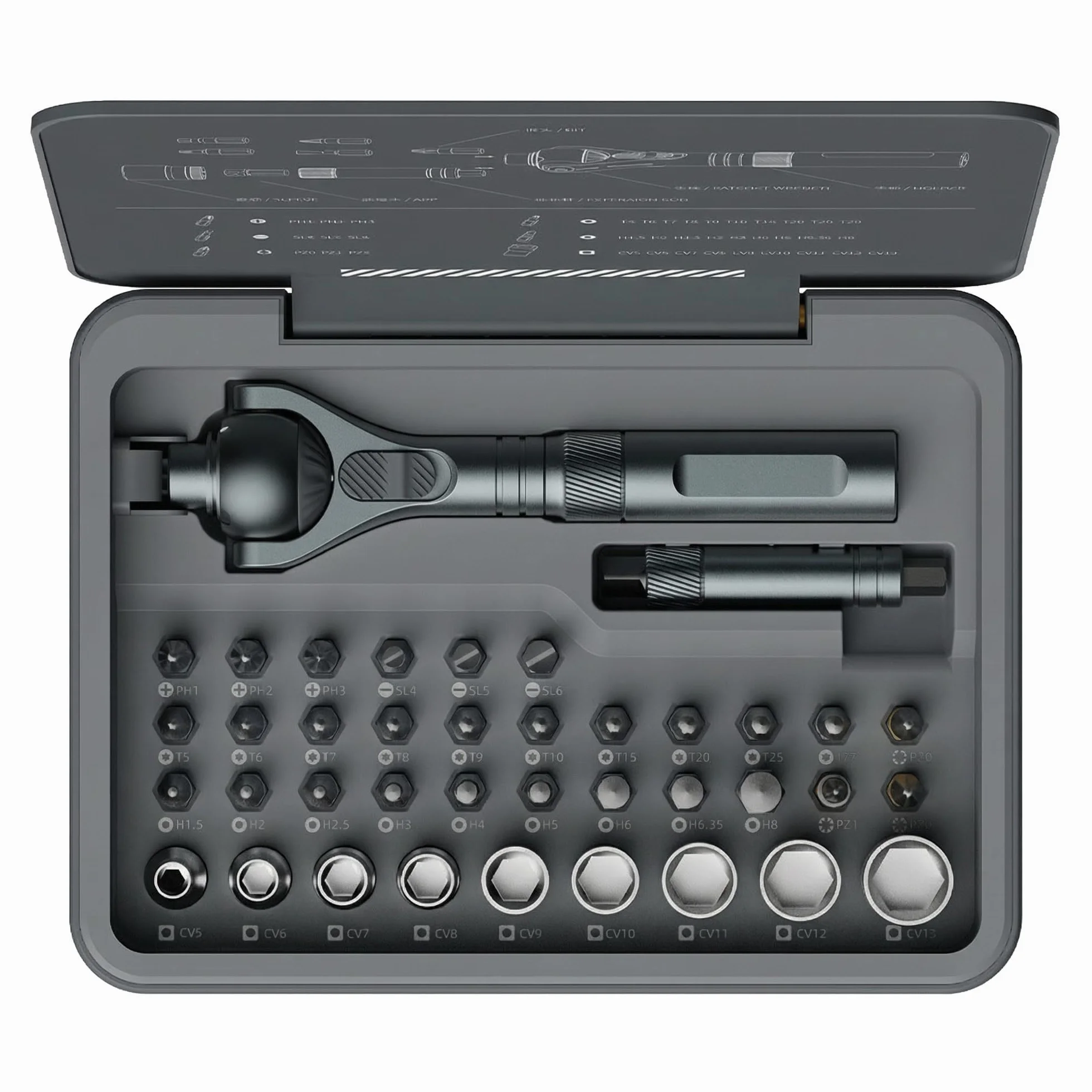 AtuMan Juego de destornilladores de trinquete 40 en 1 con mango desmontable, cabeza de trinquete de 180°, mecanismo de 45 dientes, kit de herramientas magnéticas con funda para computadora, reparación