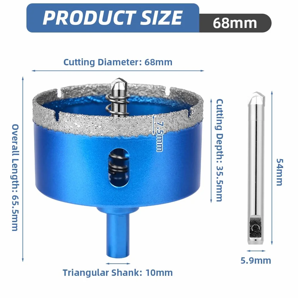 Flintronic Broca Diamante, 68mm Broca Diamante Porcelanico, Sierra de Campana de Diaman-te Soldada Al Vacío con Guía de Centrado, para Azulejos, Porcelana, Vidrio, Mármol y Cerámica