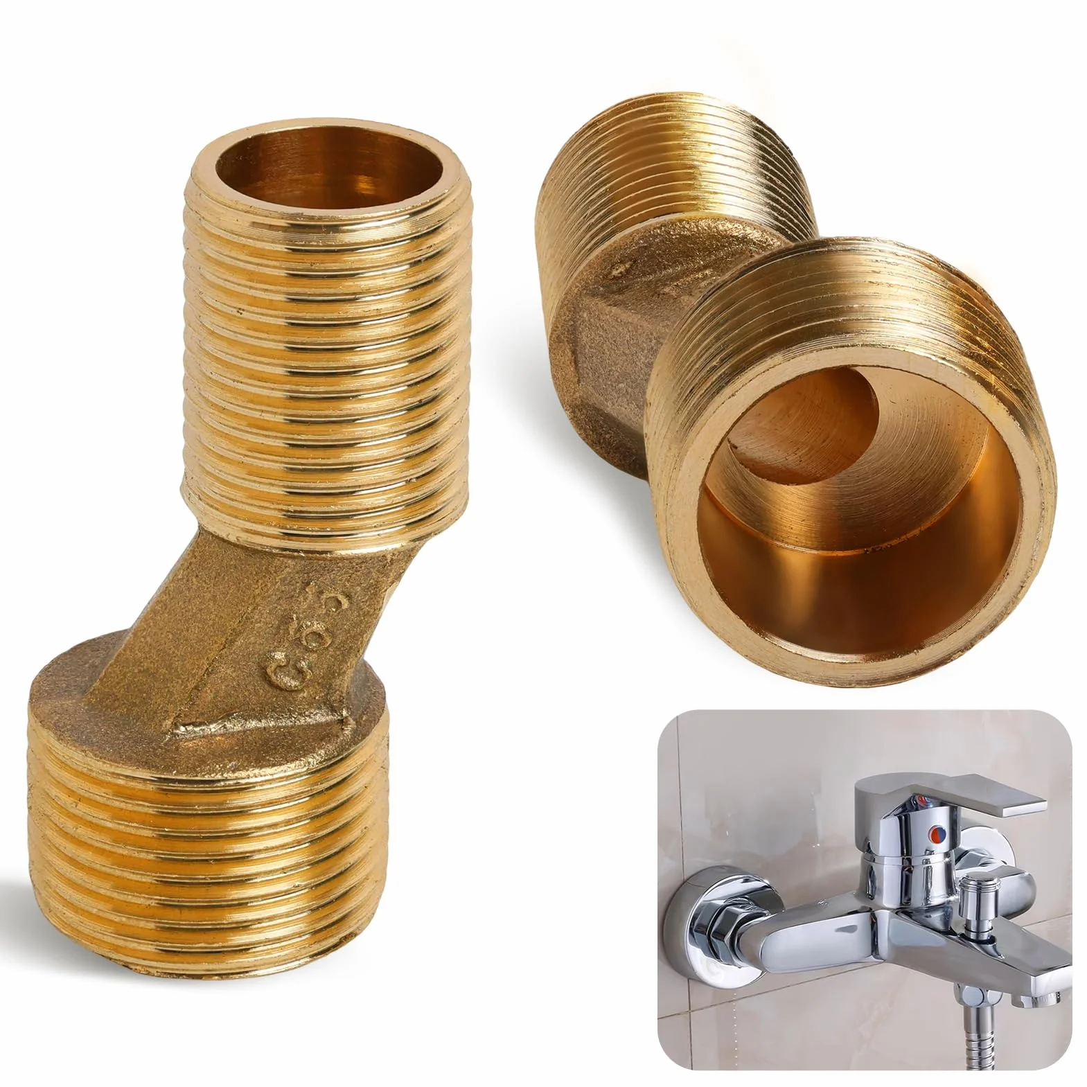 Juego de 2 Conectores en Forma de S para Grifos de Pared, Compatibles con Tamaños de 3/4" y 1/2", Desplazamiento de 12,5 mm, Fabricados en Latón Duradero, Ideales para Cocina y Baño