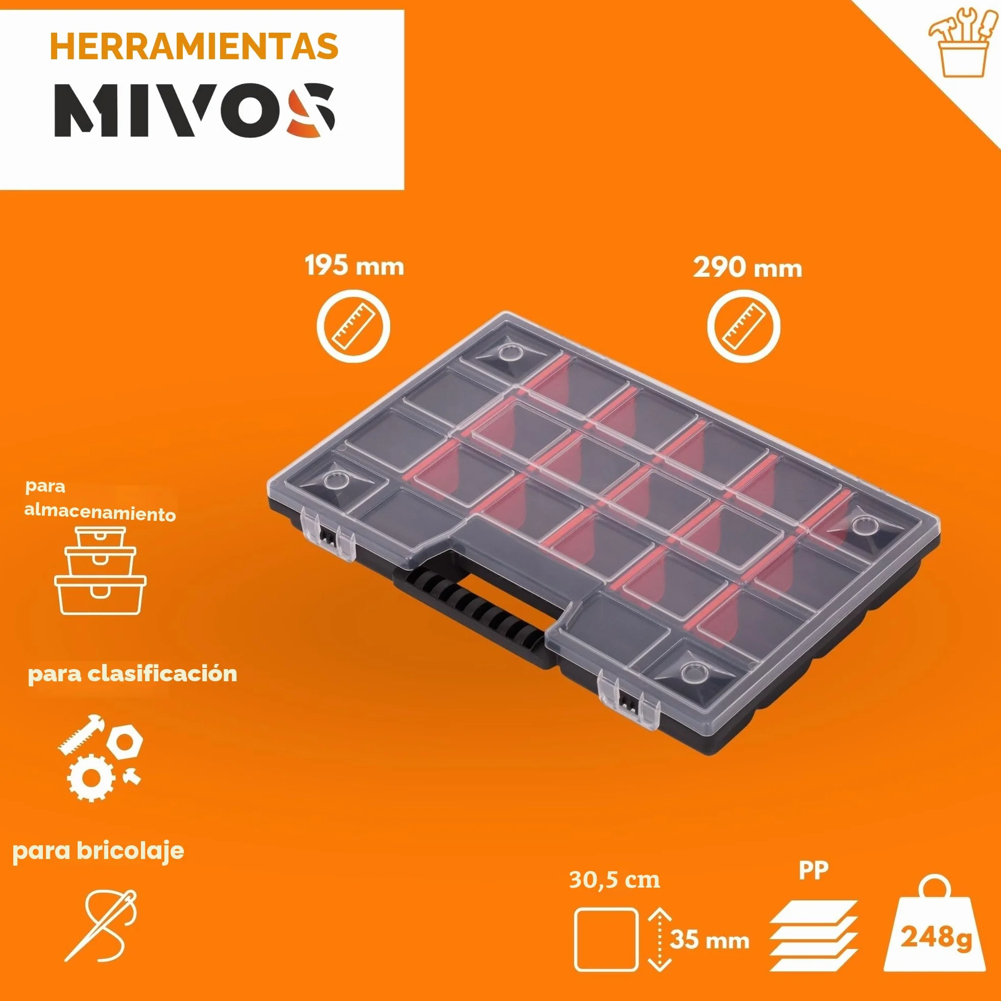 MIVOS Caja organizadora 12 pulgadas 21 compartimentos 290x195x35 mm para tornillos y piezas pequeñas