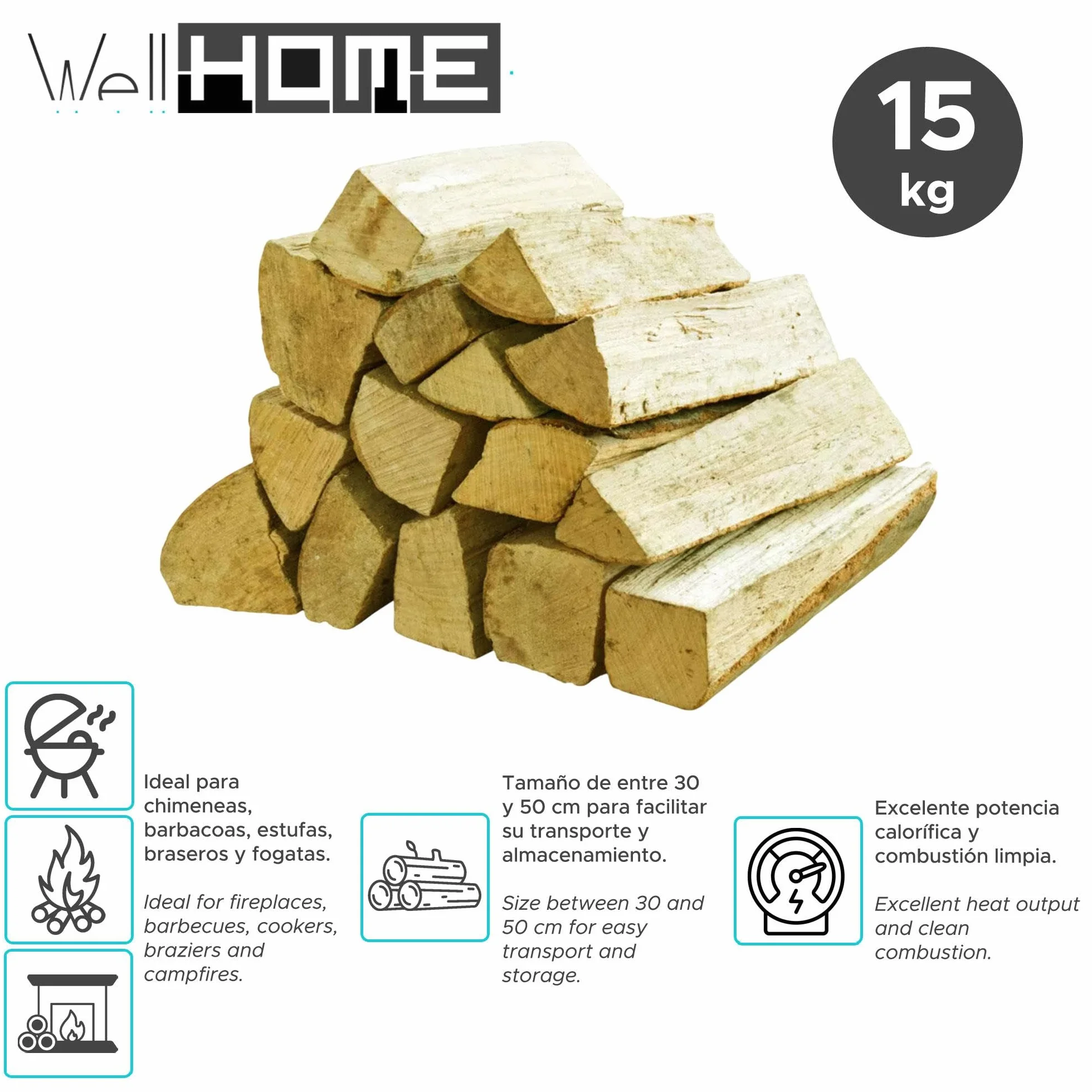 Caja de Leña de Haya Seca 15kg 30-50cm para Chimeneas y Barbacoas