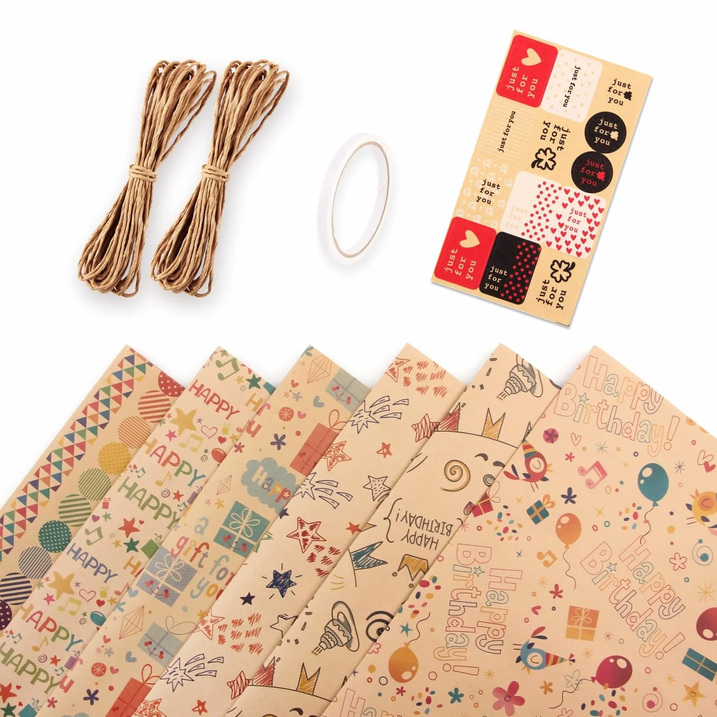 Papel de Regalo 6 piezas 70x50cm con Hilo de Yute, Cinta Adhesiva de Doble Cara y Pegatinas para Bodas, Fiestas, Navidad
