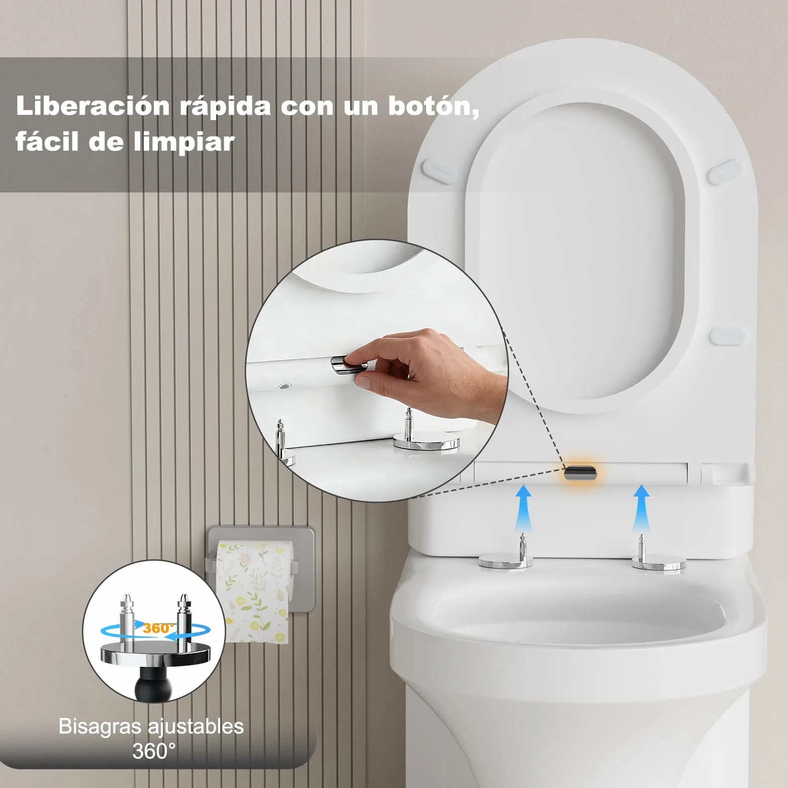 SURFOU Asiento de Inodoro Universal en Forma de D, Duroplast, Cierre Suave, 200 kg, Desmontaje Rápido