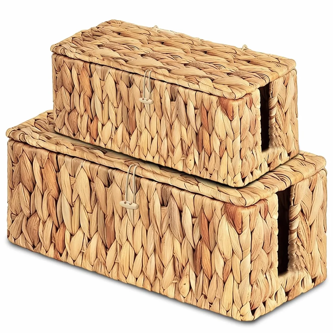 LOMUG Caja de cables de jacinto de agua hecha a mano, caja de cables con regleta con tapa, caja de gestión de cables con apertura lateral para ocultar cables, adecuado para oficina, hogar