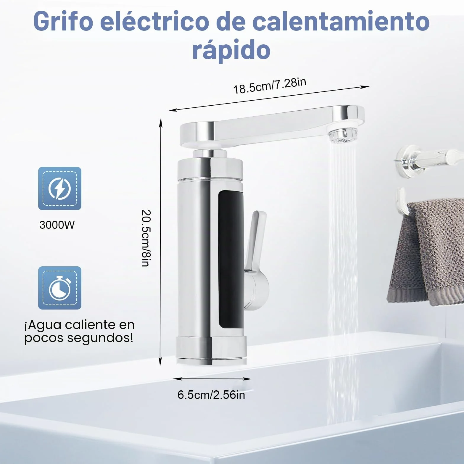 Grifo con calentador de agua instantáneo, 3000 W IPX4 Calentador eléctrico Grifo con indicador de temperatura LED legible, 360° giratorio Grifo calentador instantáneo para cocina, baño (plateado)