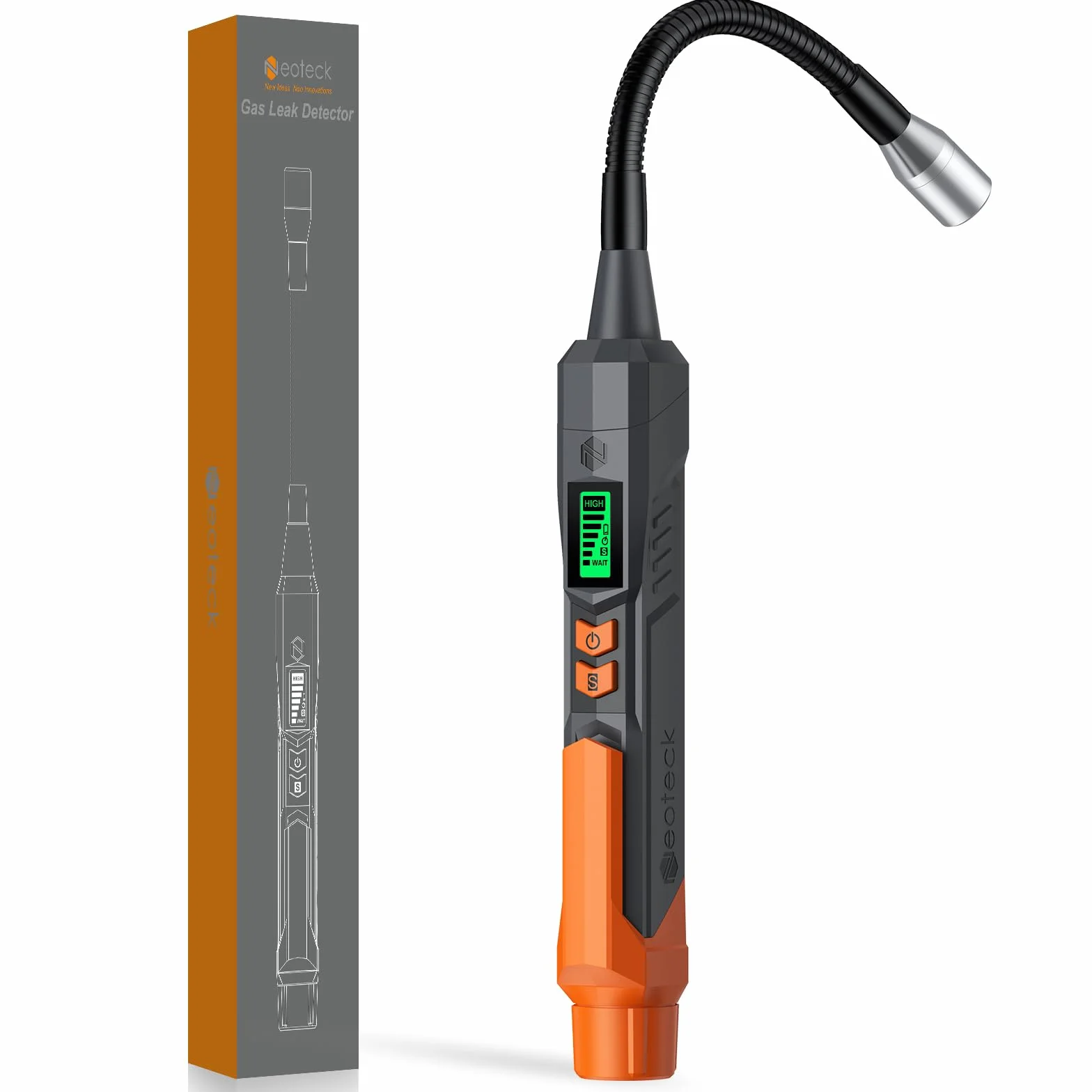 Neoteck Detector de Gas Detector Gas Natural con 4” Sonda Flexible Portátil de Fugas de Gas con Alarma Audible&Visual y Sensibilidad Ajustable para Metano Propano GLP Butano Gasolina Gas Natural
