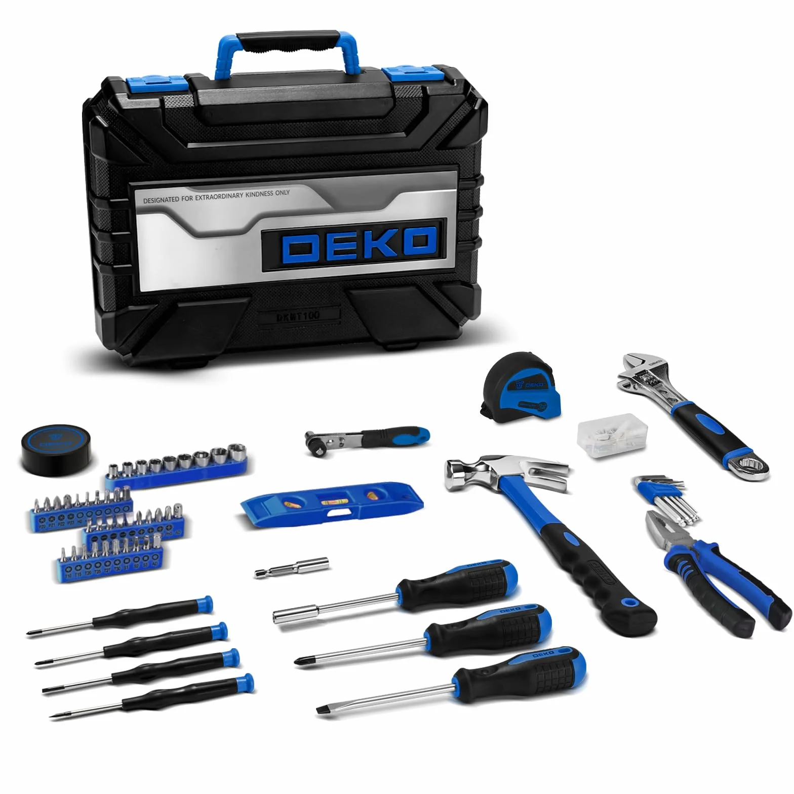 DEKO Caja de Herramientas de 100 Piezas Color Azul, Kit de Herramientas de Bricolaje para Hogar, Oficina y Coche, con Juego de Destornilladores, Martillo y Set de Alicates