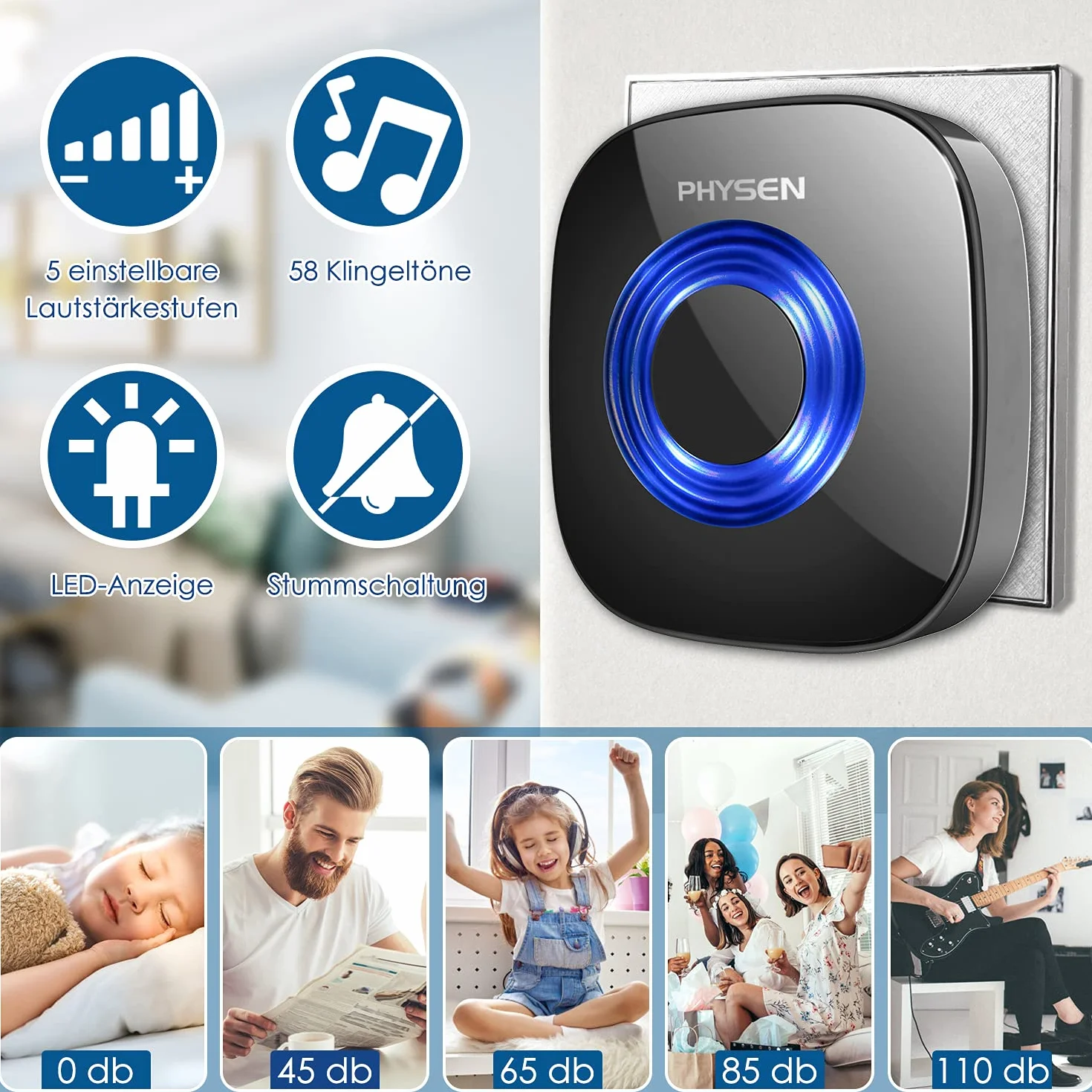 PHYSEN Timbre Inalámbrico Exterior Impermeable IP55, 400M Alcance Doorbell, Kit de Timbre con 3 Receptor + 2 Transmisor, 58 Melodías 5 Niveles de Volumen (0-110dB), Indicador LED, Fácil Instalación