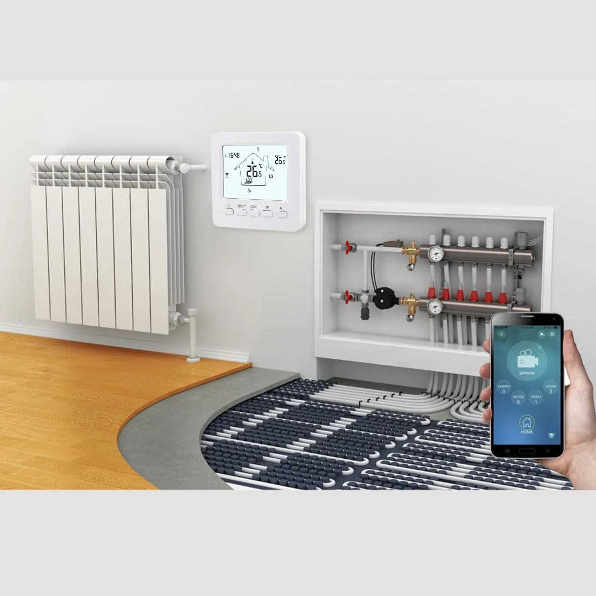 Wengart Termostato WiFi Inteligente para Suelo Radiante por Agua (3A),Modo Frío y Calor Conmutable,Compatible con Alexa/Google Home,App Tuya/Smart Life,Caja Redonda 60mm, Detección de Ventana Abierta