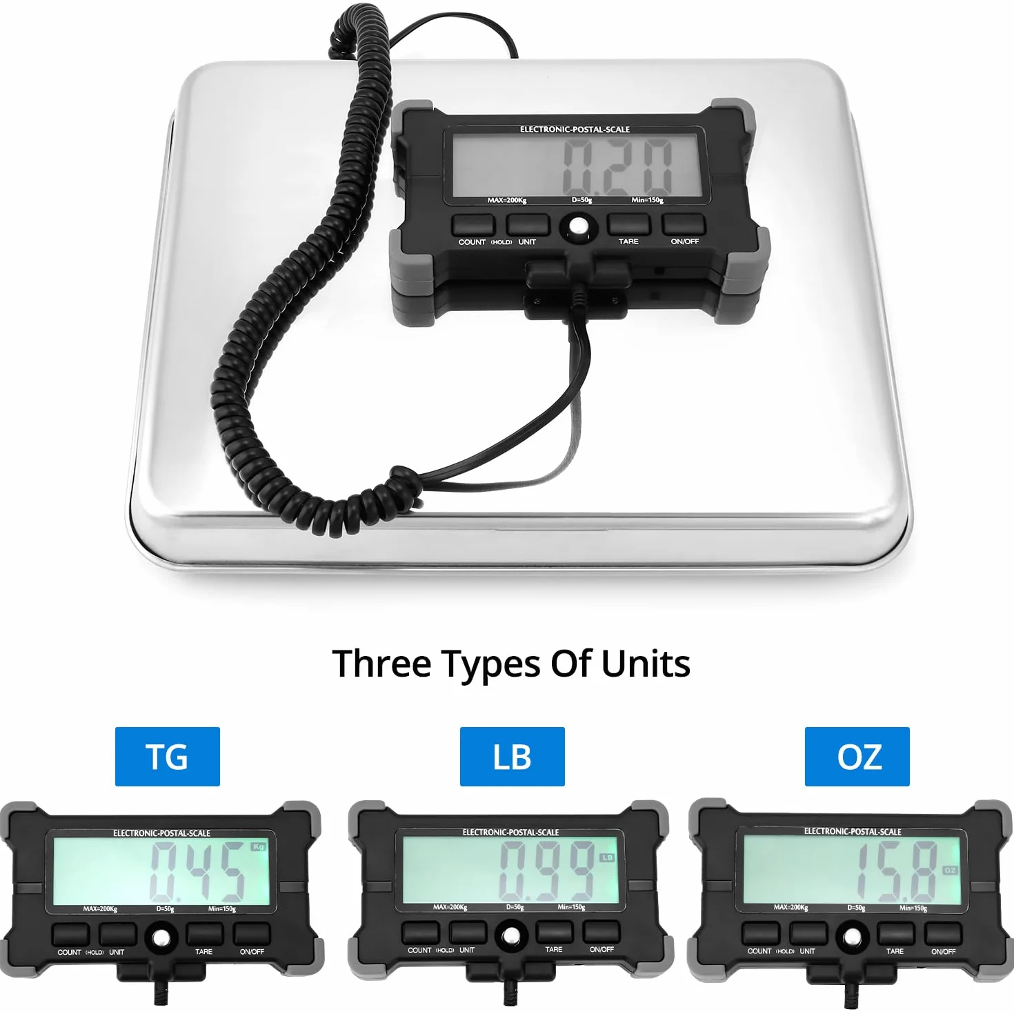 QWORK Balanza Digital 440 lb 200 kg con Función de Tara Pantalla LCD Separada para Equipaje Correo Almacén