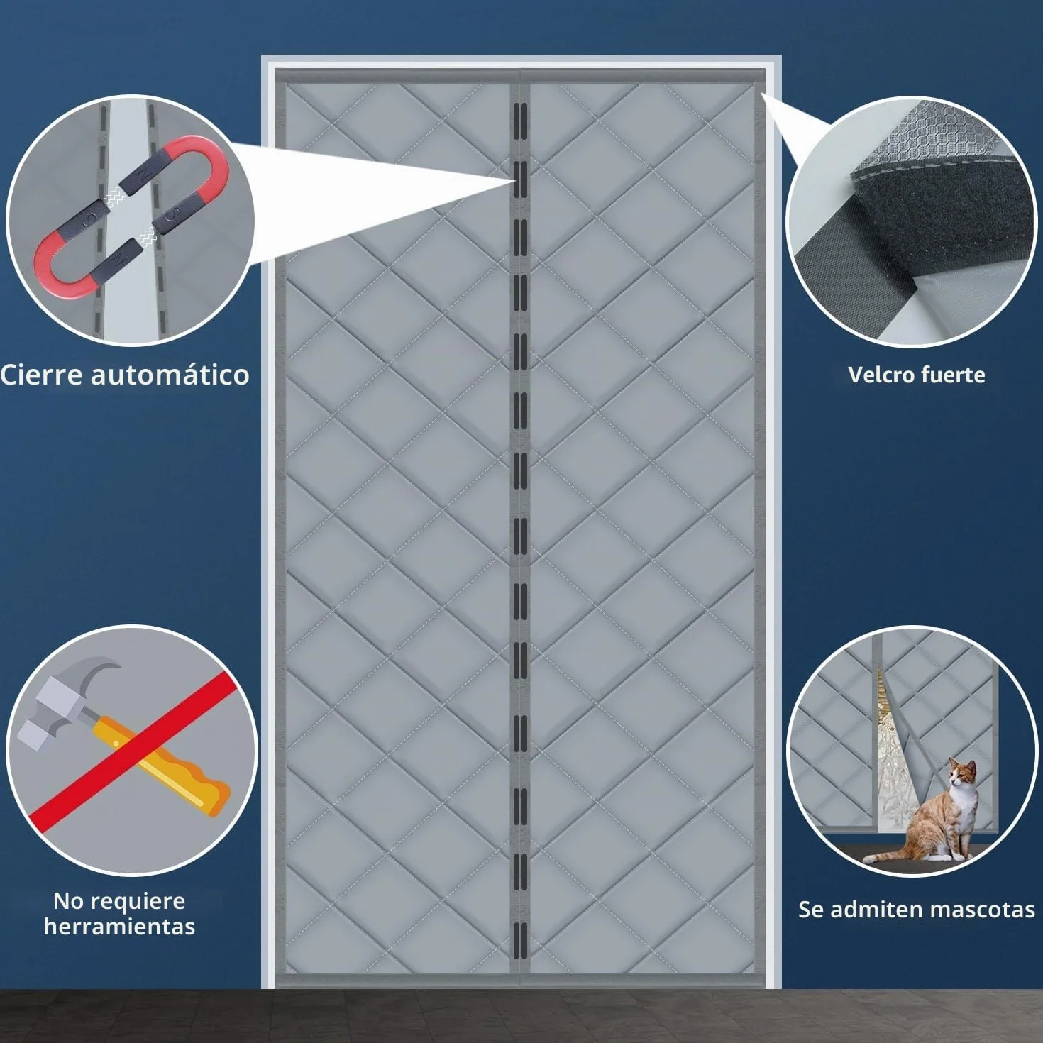 Cortina Aislante Magnética para Puertas, Aislamiento para el Invierno. Ideal para Habitaciones Con Aire Acondicionado y Calefacción. No Requiere Perforación, Fácil de Instalar. 60 x 180cm, Gris