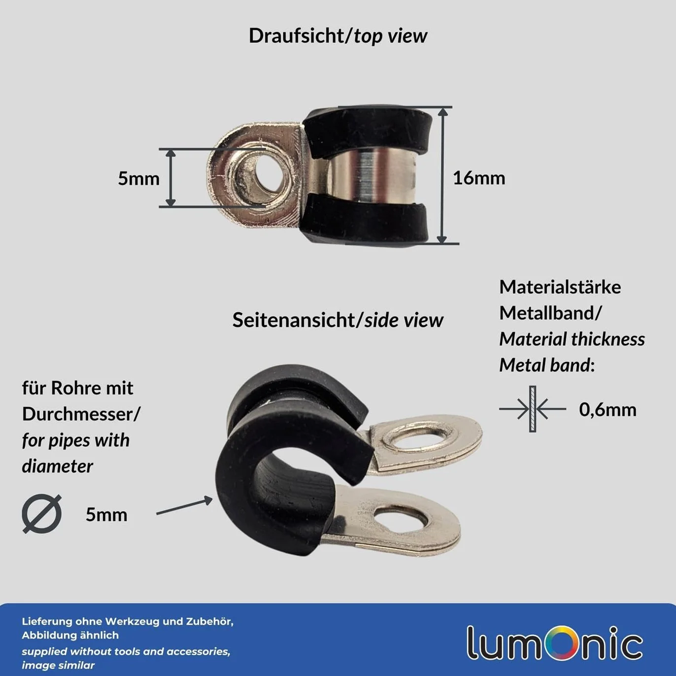 Lumonic 5x 5mm abrazaderas de tubo con inserto de goma acero inoxidable V2A I abrazaderas de cable para atornillar I abrazadera de manguera 5mm, abrazadera de fijación 5mm, soporte de tubo