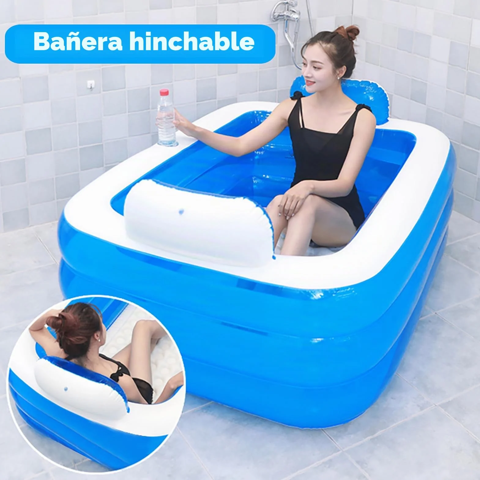 Bañera inflable portátil de spa, bañera de hidromasaje para 2 personas, tamaño adulto con respaldo y drenaje, PVC grueso plegable, para el hogar, al aire libre, viajes, piscinas