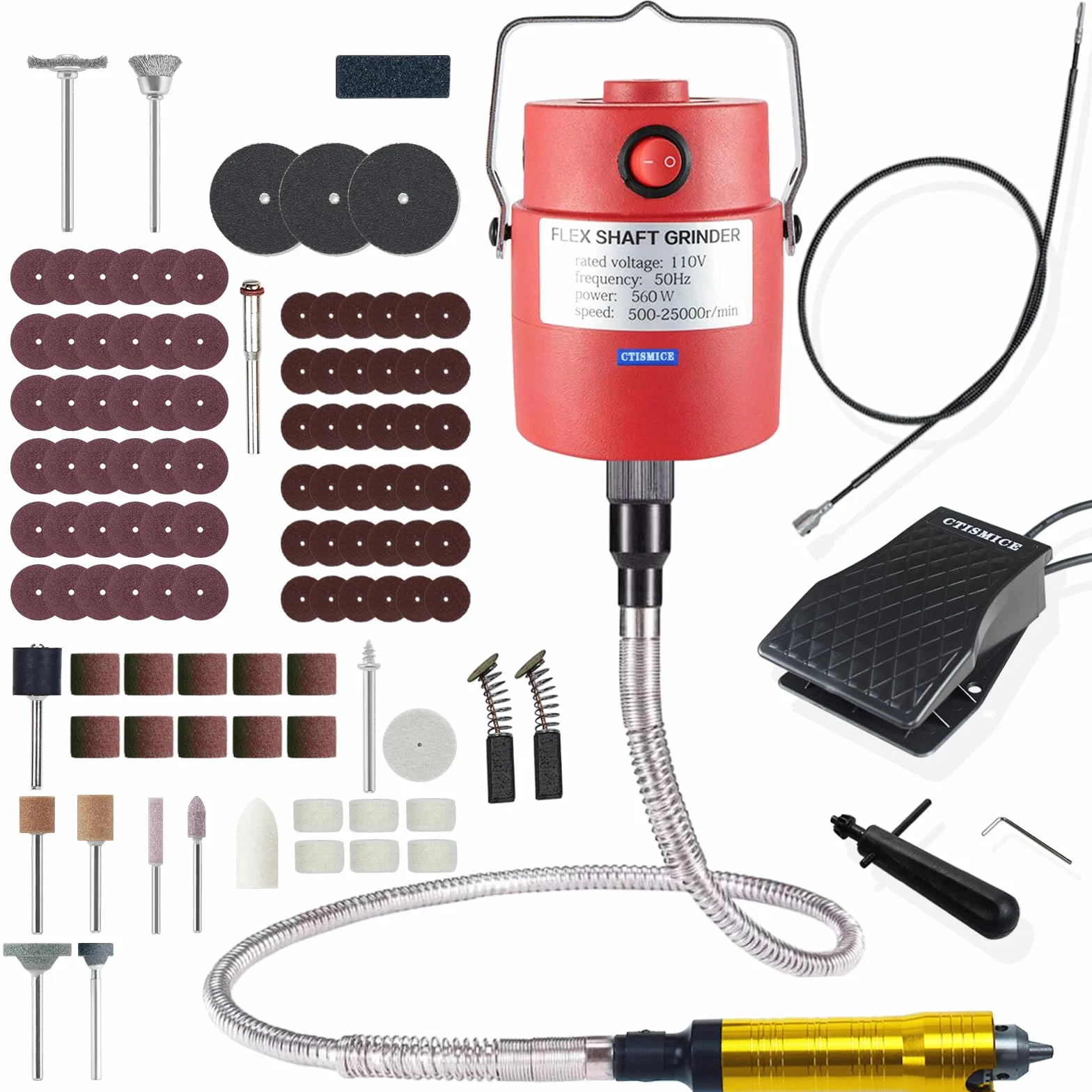 Herramienta giratoria eléctrica para amoladora de eje flexible de 560 W, juego de amoladora de eje flexible de 500-25000 rpm con interruptor de pie con velocidad variable y 110 accesorios