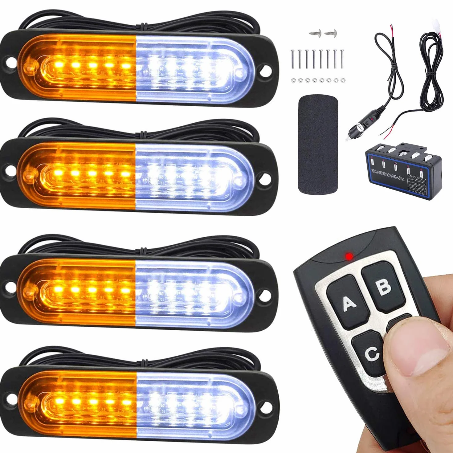 Luces de advertencia LED, 4 piezas de advertencia de emergencia, precaución, peligro, construcción, función de sincronización ultra delgada, para coche, camión, caja de control principal, montaje en