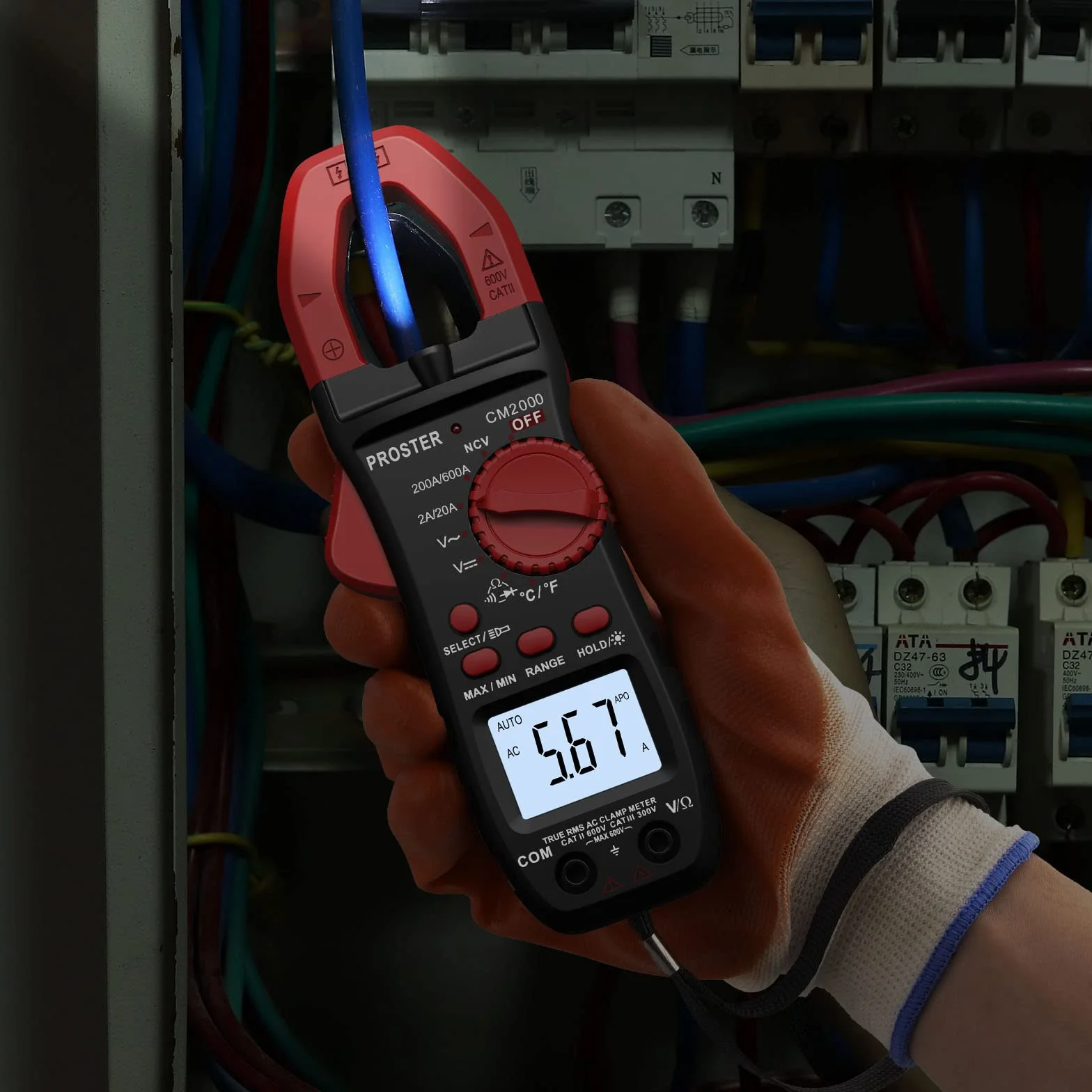 Proster Pinza Amperimétrica 2000 Cuentas 600A TRMS NCV Multímetro Digital Rango Automático con Pantalla Retroiluminada para Voltaje AC DC Corriente AC Diodo Resistencia Continuidad Temperatura
