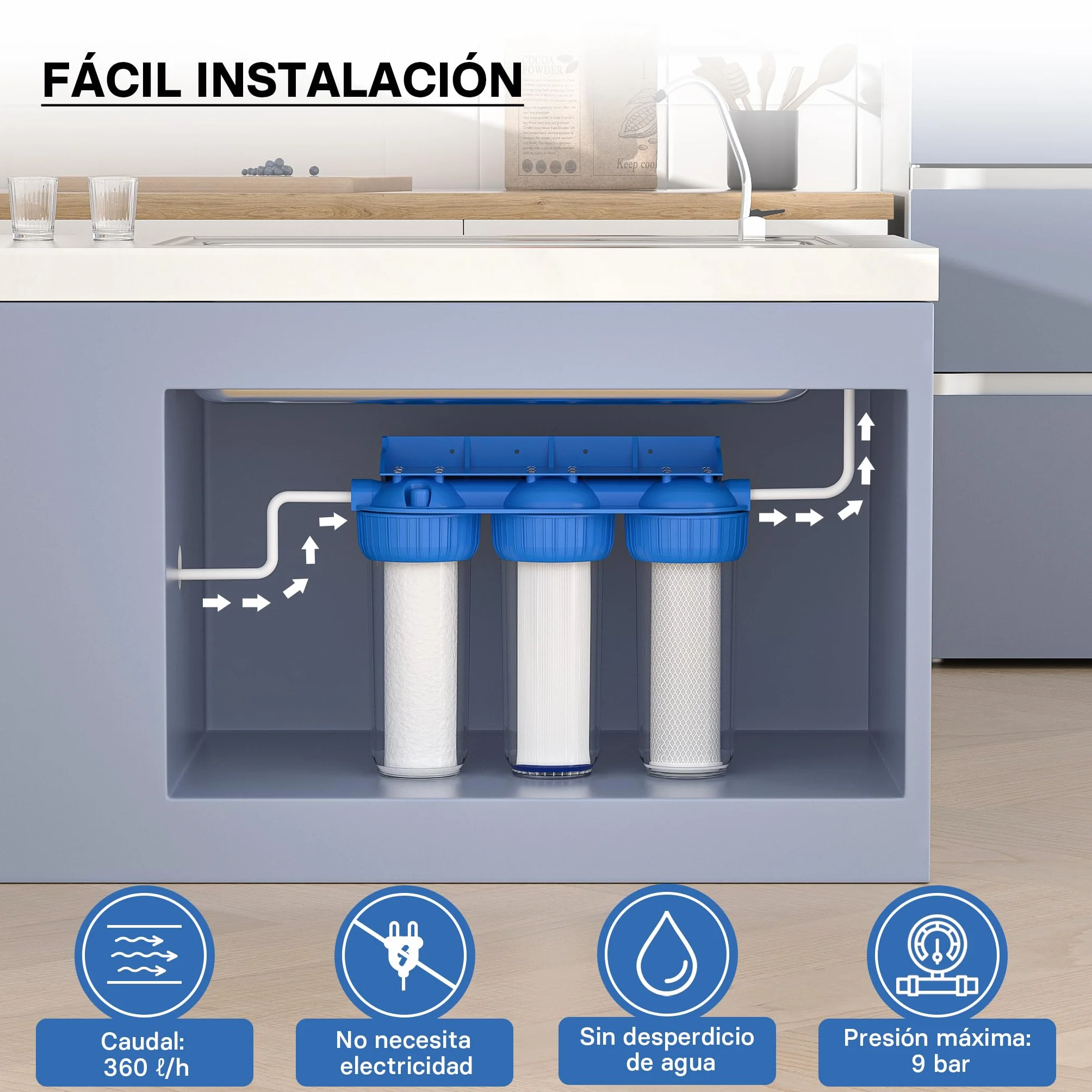 Naturewater NW-BR10B4 Filtro de agua 3-etapas 26.16mm (3/4") cartucho PP Ø60 mm, filtro con soporte de pared, con llave, filtración de sedimentos, carbón activado en bloque y en granulado