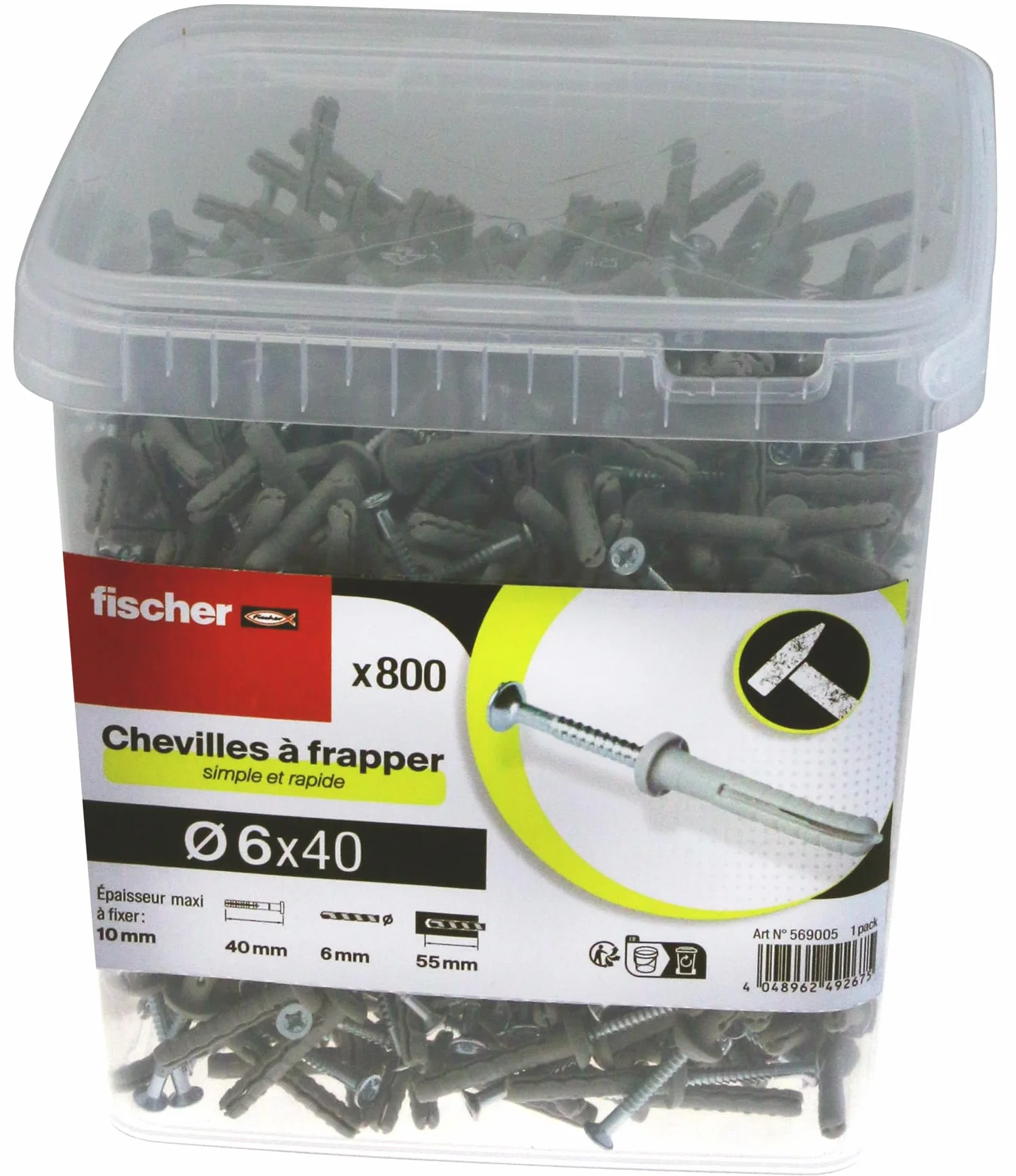 fischer – Cubo de 800 Tacos para Golpear 6 x 40 de Acero electrocincado, Collar Plano, Clavo de Huella Pozidriv