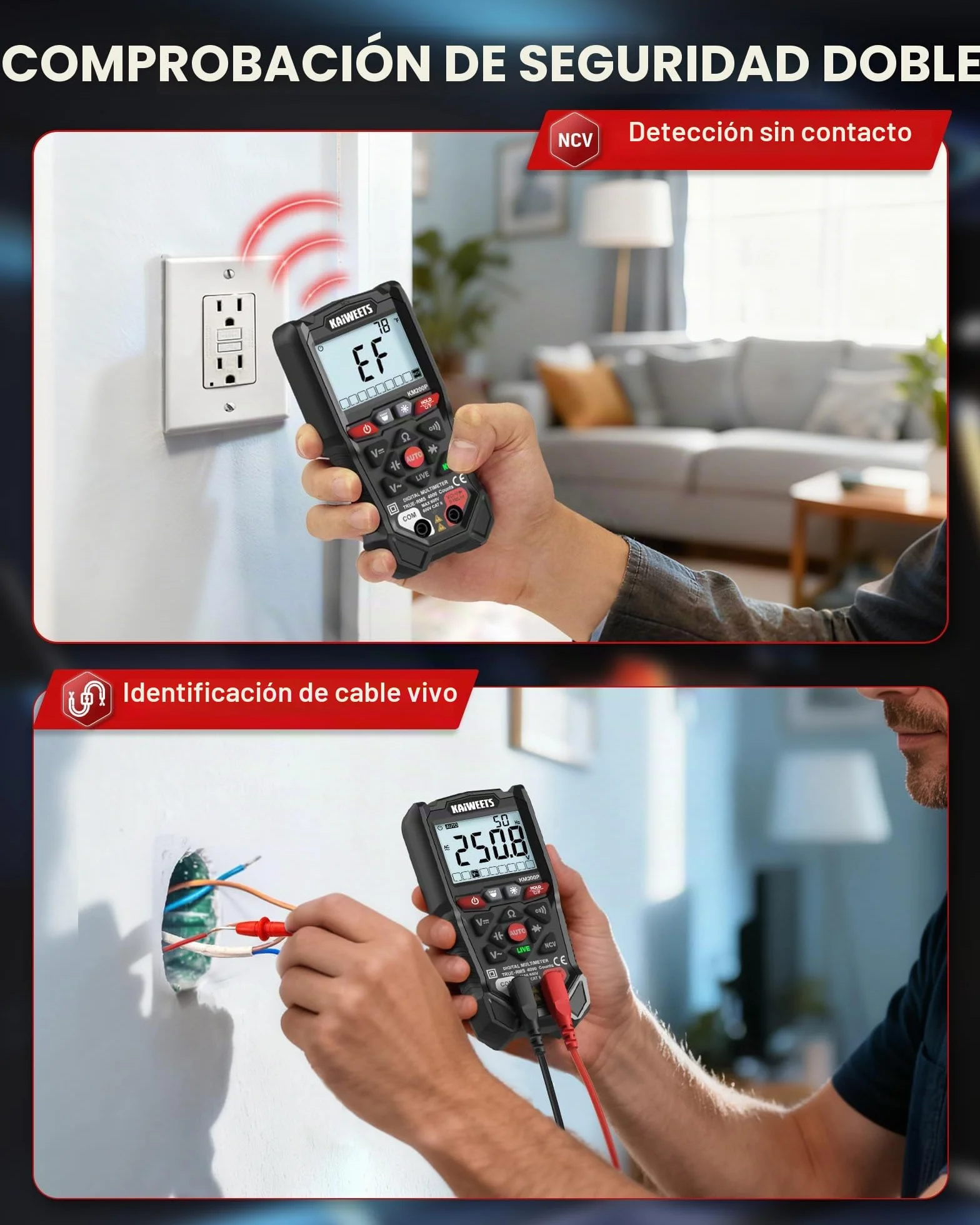 Multímetro Digital KAIWEETS con Control por Botones, 4000 Cuentas, Selección Automática de Rango, TRMS, Función NCV y Prueba de Cable Vivo, Mide Tensión CA/CC, Resistencia, Continuidad y Capacidad