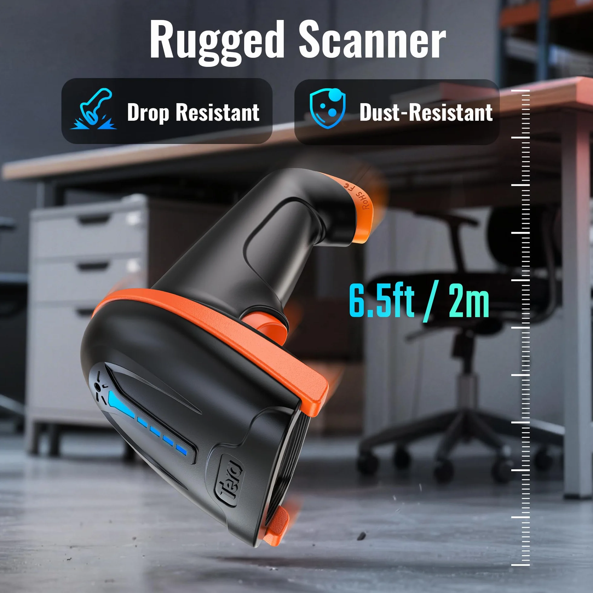 Tera Lector de Código de Barras Portátil Inalámbrico 1D Láser Inalámbrico y con Cable USB Indicador de Nivel de Batería Extra Grande de 2000mAh, Modelo 5100, Naranja/Negro