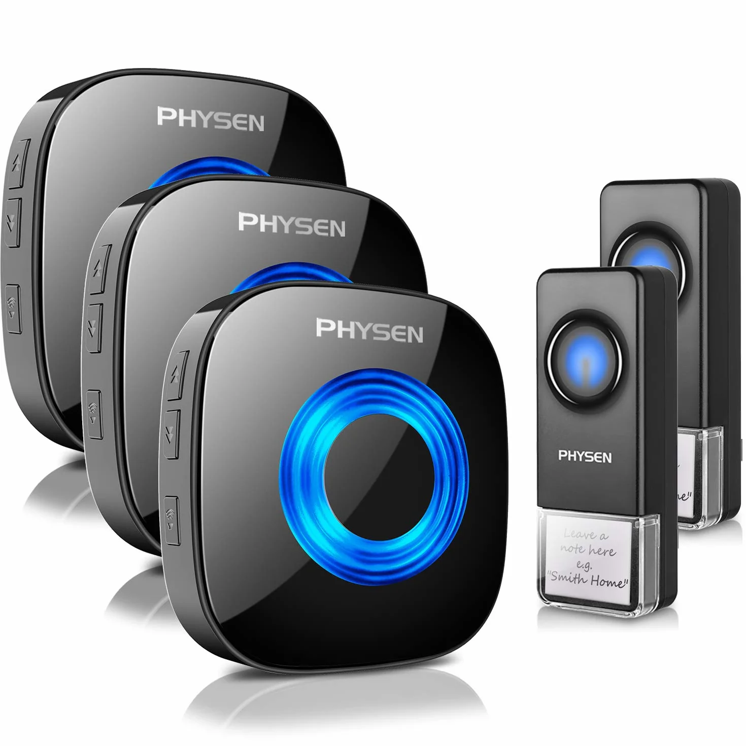 PHYSEN Timbre Inalámbrico Exterior Impermeable IP55, 400M Alcance Doorbell, Kit de Timbre con 3 Receptor + 2 Transmisor, 58 Melodías 5 Niveles de Volumen (0-110dB), Indicador LED, Fácil Instalación