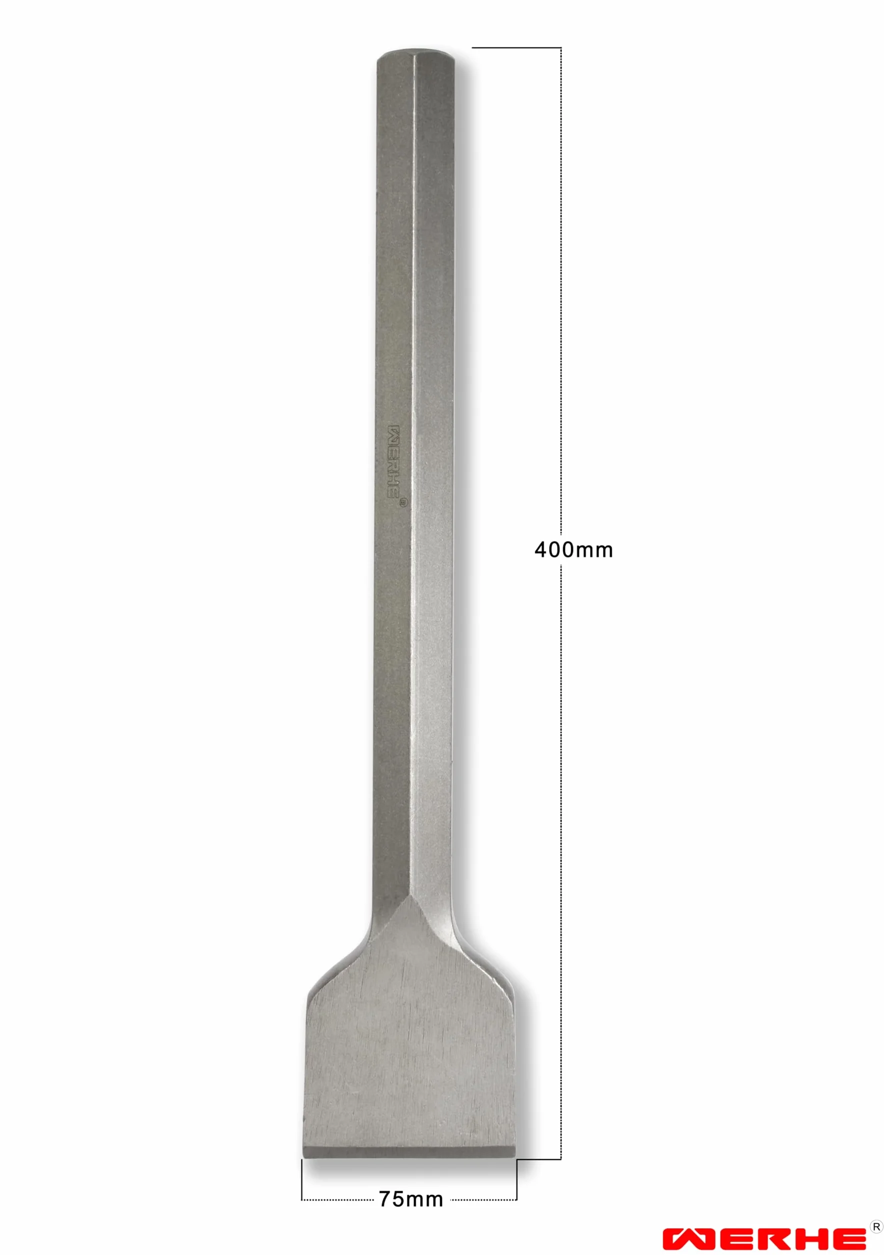 WERHE® Cincel de pala profesional HEX28 75 x 400 mm – Cincel plano para martillo de demolición – Acero para herramientas robusto