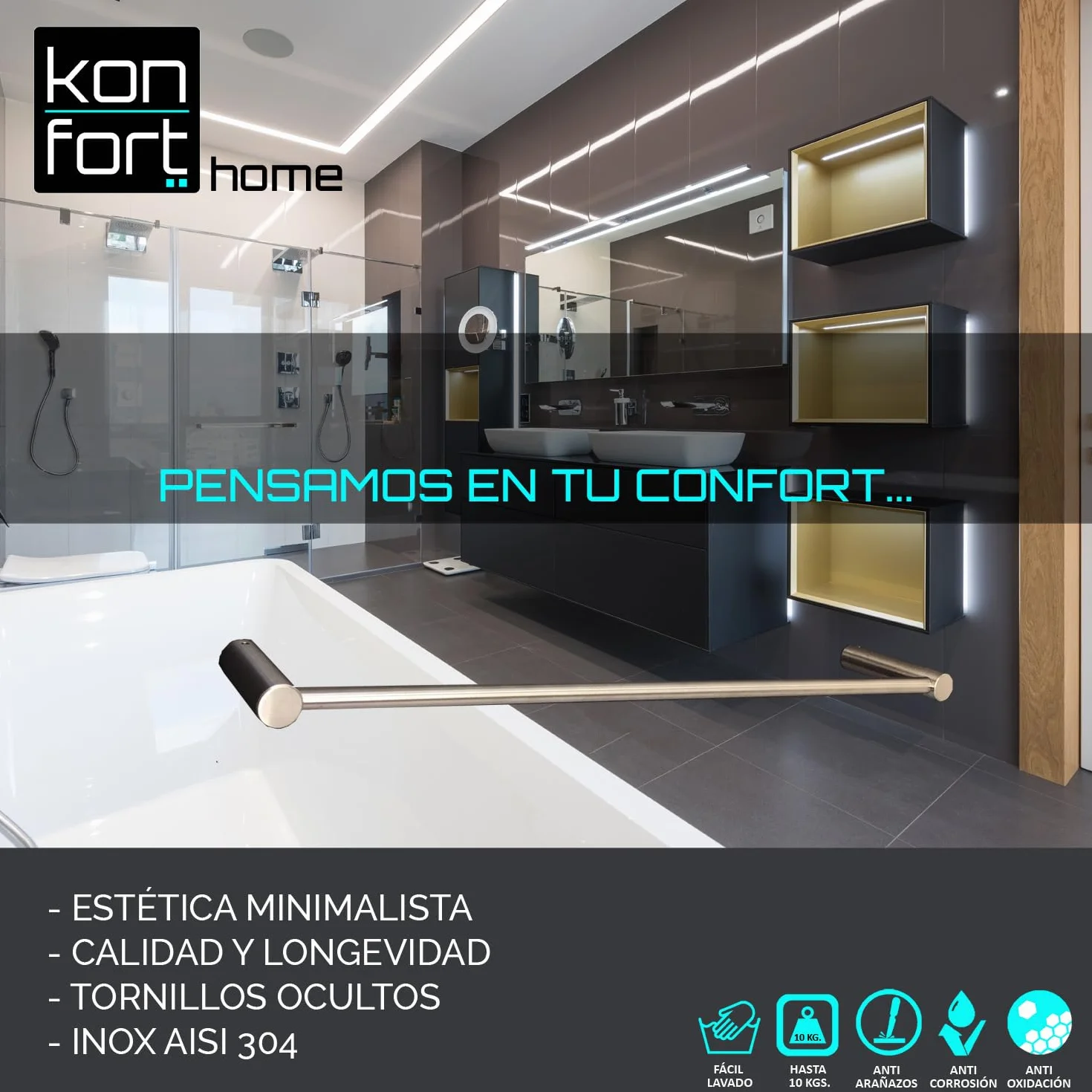 Kon-fort Home Toallero Baño 30cm. con Tornillos Acero Inoxidable AISI 304 Mate, Diseño Exclusivo.
