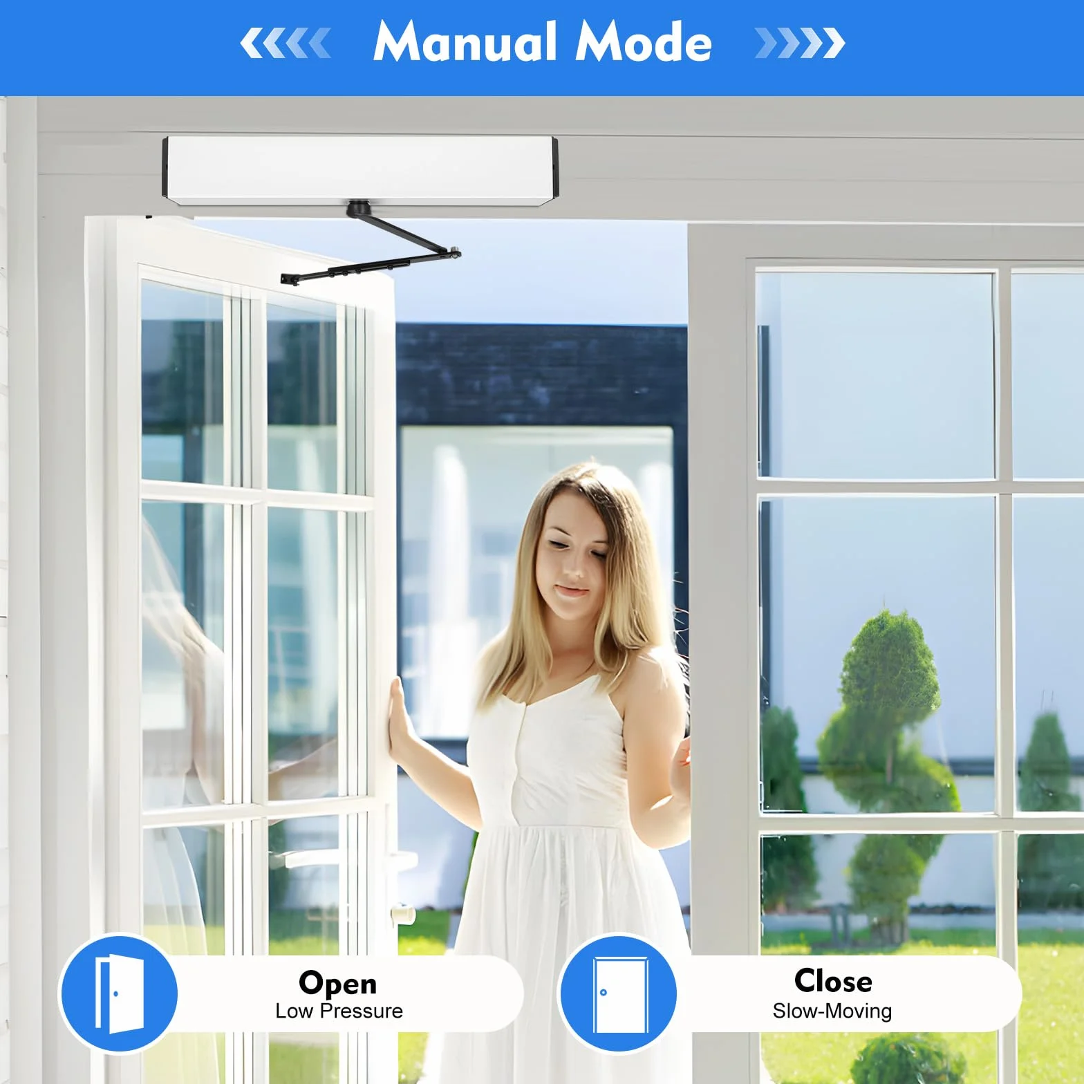 Abridor de Puerta Automático 50W Accionamiento Automático para Puerta 120 Grados Automatic Swing Door Opener 15m Remote Control 30kg Closing Force IP12D con 5 ID Cards y 1 Sensor