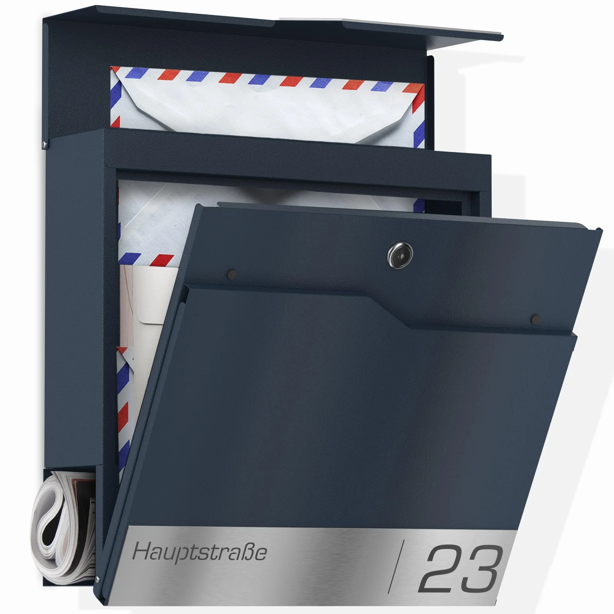 Buzón con Compartimento para periódicos en Antracita RAL 7016 – Buzón de Correo Personalizado de Acero Inoxidable Placa para Nombre de Calle – Buzón de Pared con candado y