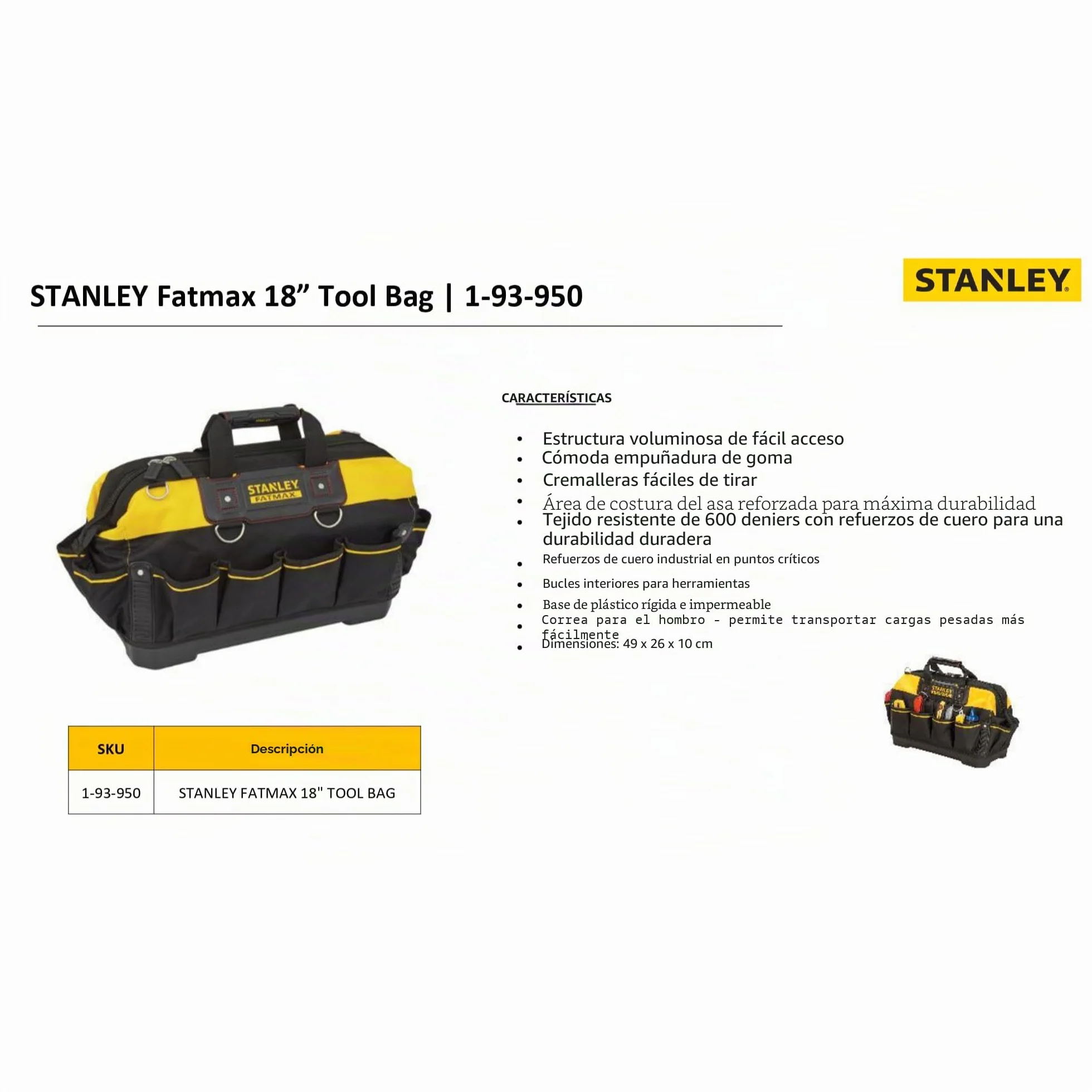STANLEY FATMAX Bolsa de herramientas 49 x 26 x 10 cm, Base rígida y resistente al agua con correa sólida para el hombro, Asa de goma, Elástico para herramientas, 1-93-950