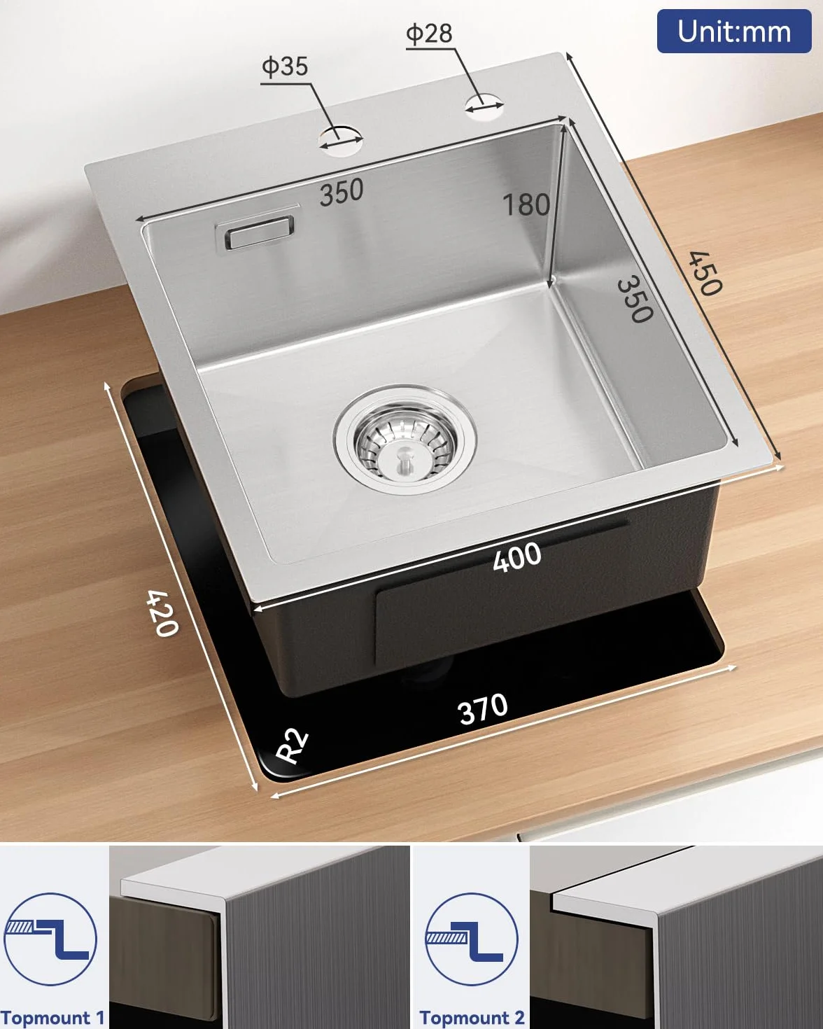 Fregadero Cocina 1 Seno 40x45cm, Fregadero Cocina en Acero Inoxidable 304, Fregaderos Sobre Encimera de Un Seno con Sifón y Juego Desagüe, Cepillado